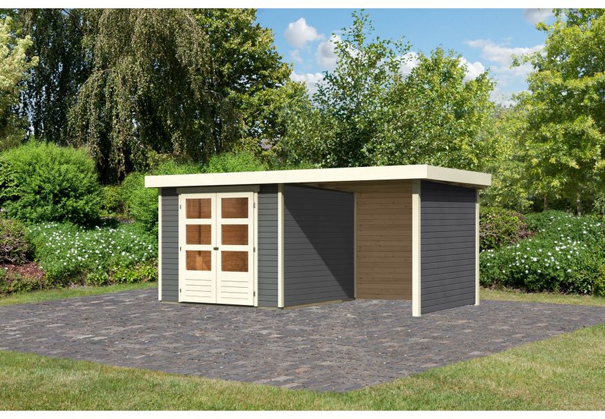 Karibu Askola 3.5 tuinhuis met overkapping 240 cm - zij en achterwand - terragrijs (9146) Foto van Karibu Askola 3.5 tuinhuis met overkapping 240 cm - zij en achterwand - terragrijs (9146)