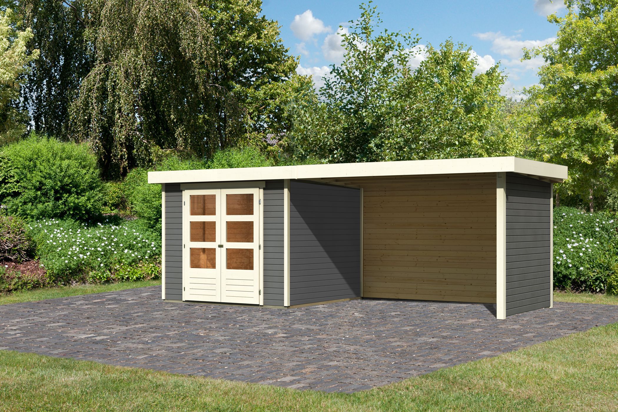 Foto van Karibu 9151 Askola 3.5 tuinhuis met overkapping - terragrijs