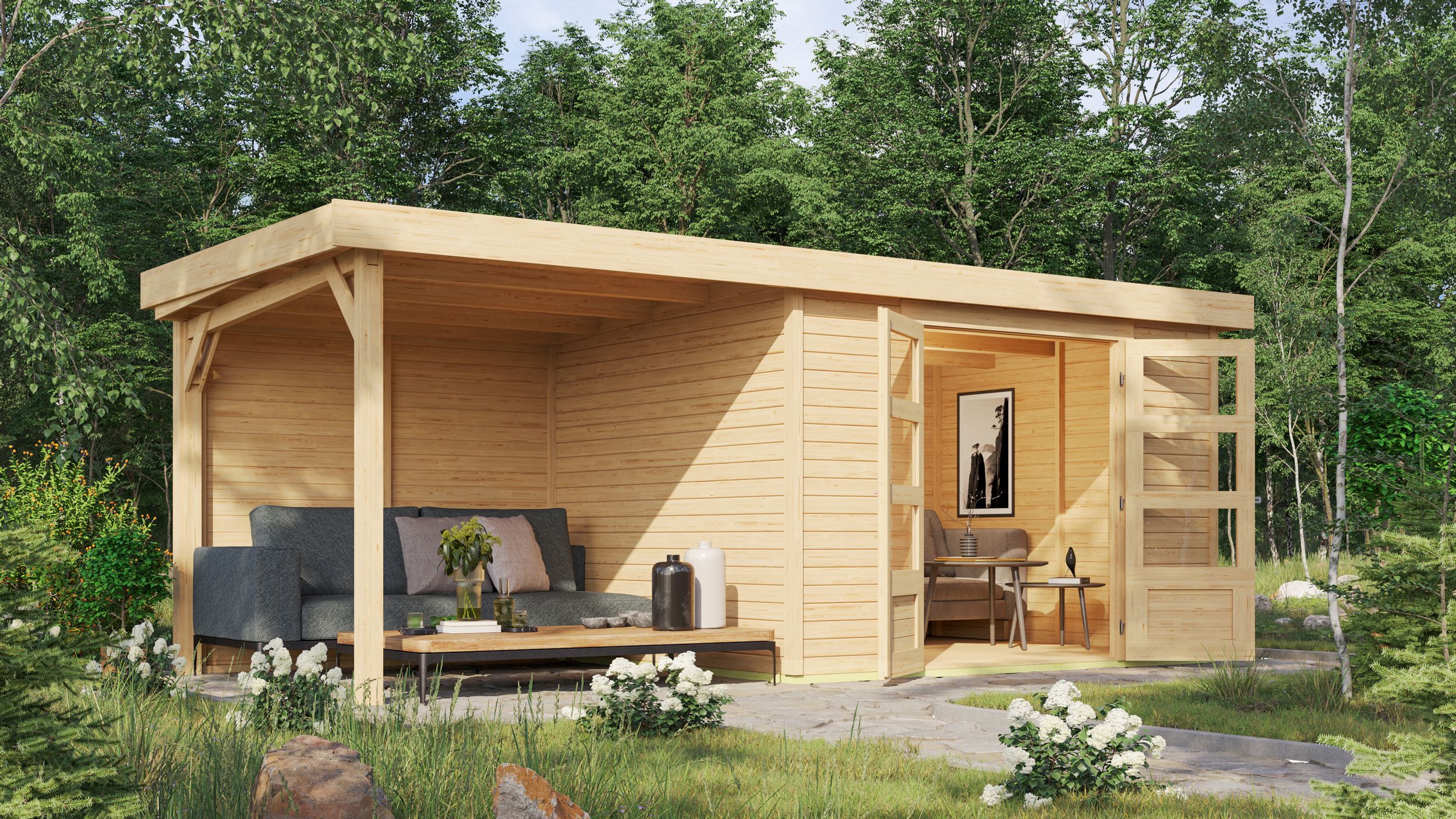 Foto van Karibu 9155 Askola 5 tuinhuis met overkapping