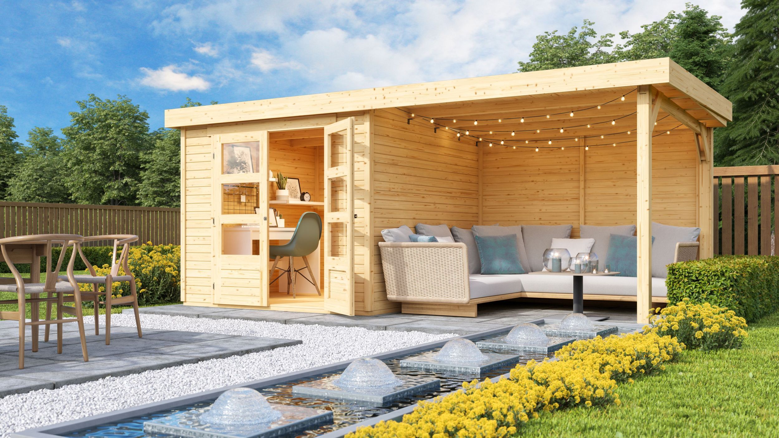 Foto der Karibu 9149 Askola 3.5 Gartenhaus mit Anbaudach