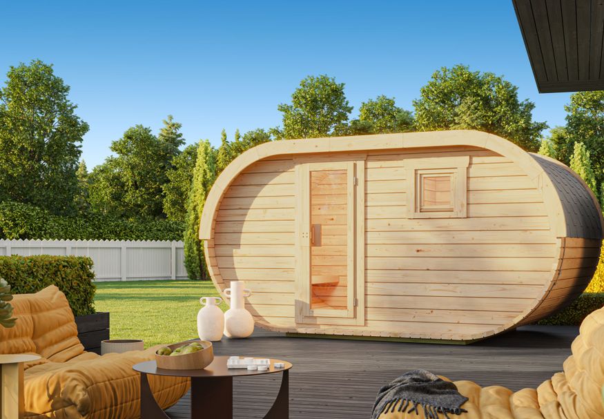 Ilogreen Fasssauna Ovaal 402x240 cm, zwei Zimmer Foto von Ilogreen Fasssauna Ovaal 402x240 cm, zwei Zimmer