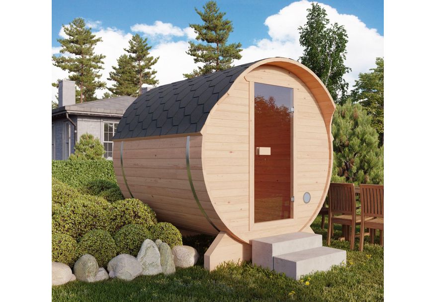 Ilogreen Buitensauna Barrel 205x200 cm in 45 mm Foto van Ilogreen Buitensauna Barrel 205x200 cm in 45 mm