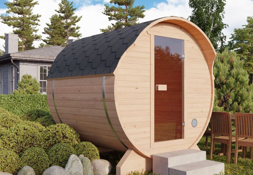 Ilogreen Barrelsauna 205x175 cm in 45 mm Foto van Ilogreen Barrelsauna 205x175 cm in 45 mm