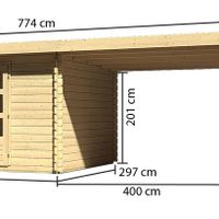 Foto der Karibu 77807 Bastrup 7 Gartenhaus mit Seitenmarkise 400cm