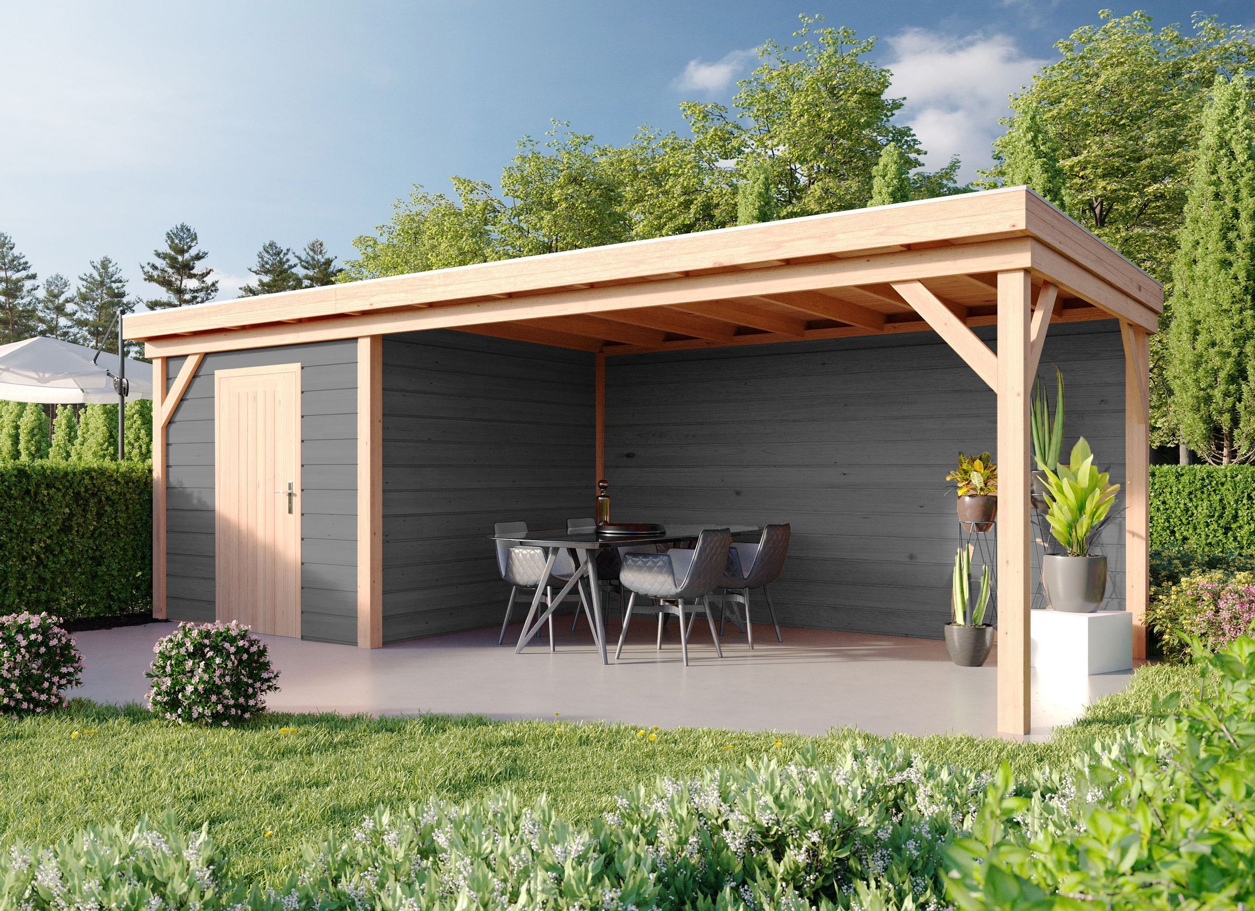 Foto van WoodAcademy tuinhuis met overkapping Bristol grigio
