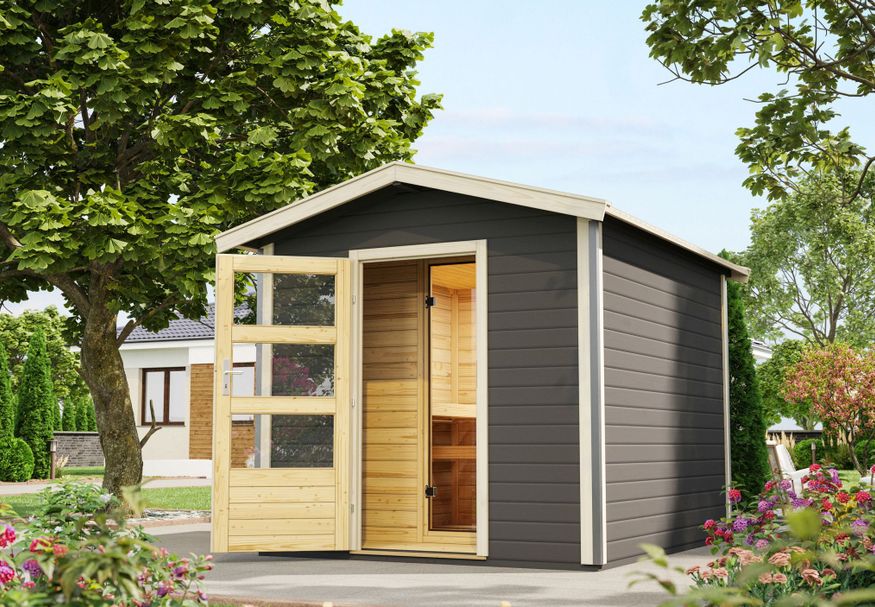 Karibu buitensauna Bosse 1 - terragrijs met 3 vaks deur (35245) Foto van Karibu buitensauna Bosse 1 - terragrijs met 3 vaks deur (35245)