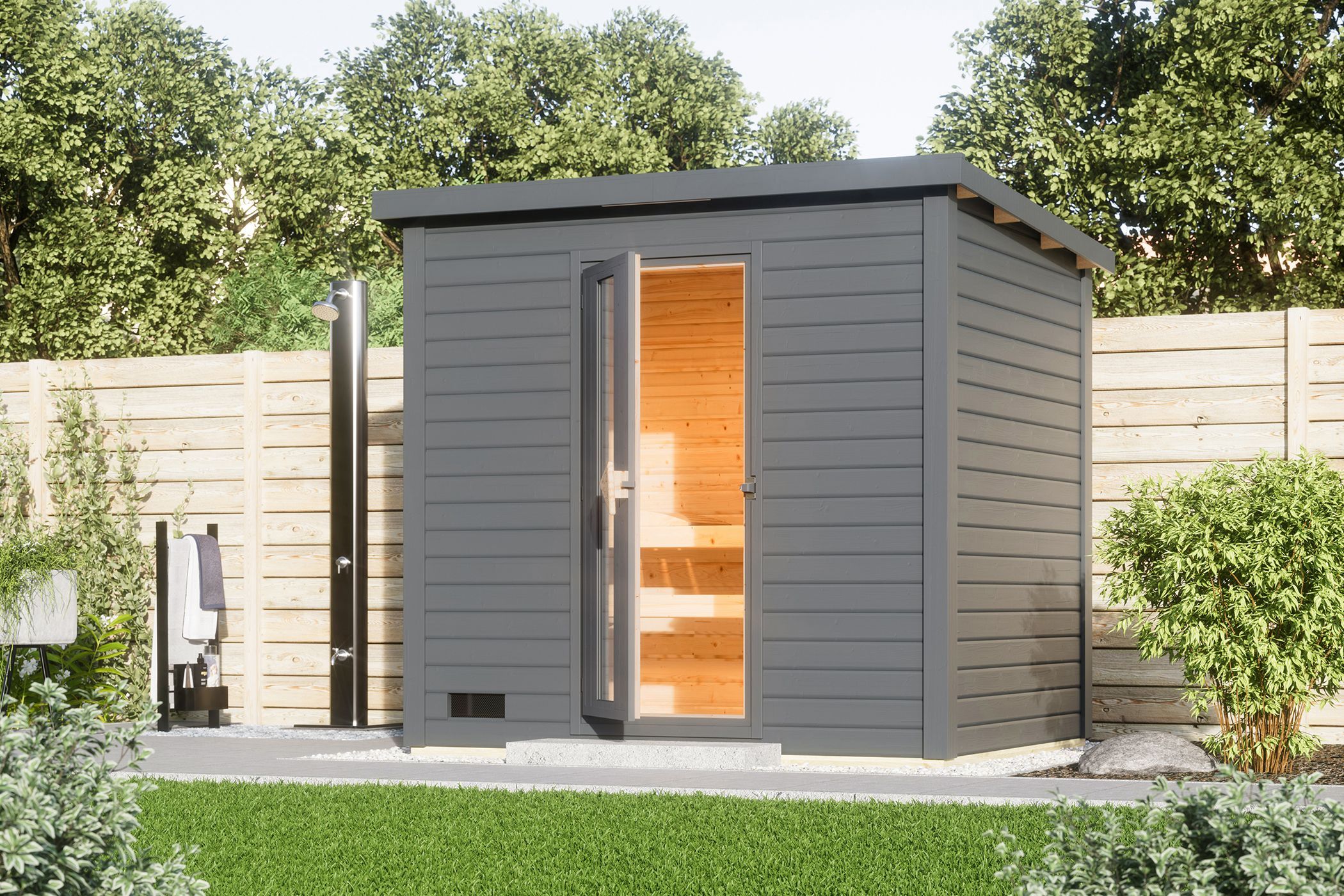 Foto van Karibu 97711 Hytti 3 buitensauna - terragrijs