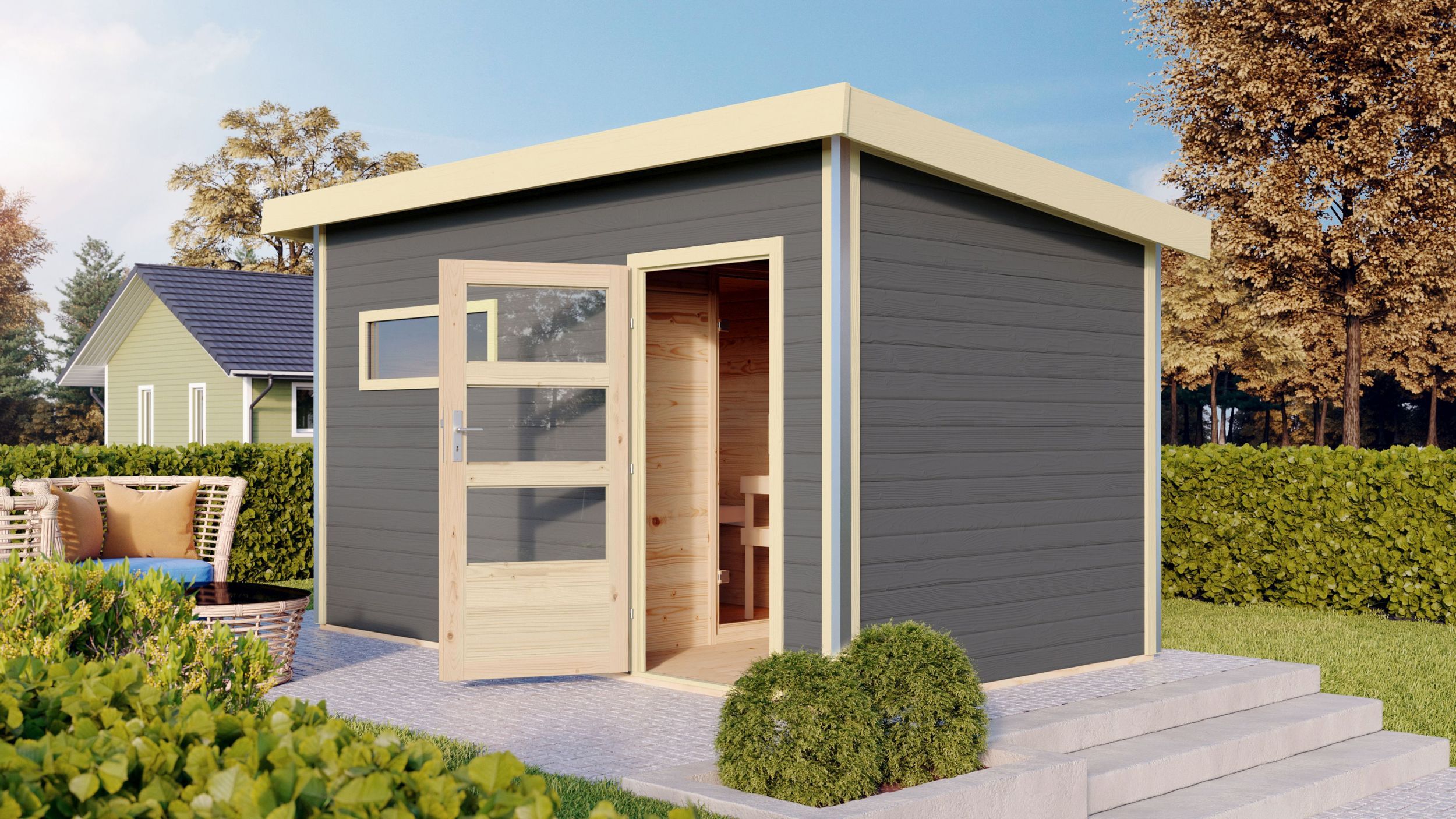 Foto der Karibu 86309 Skrollan 3 Saunahaus - terragrau