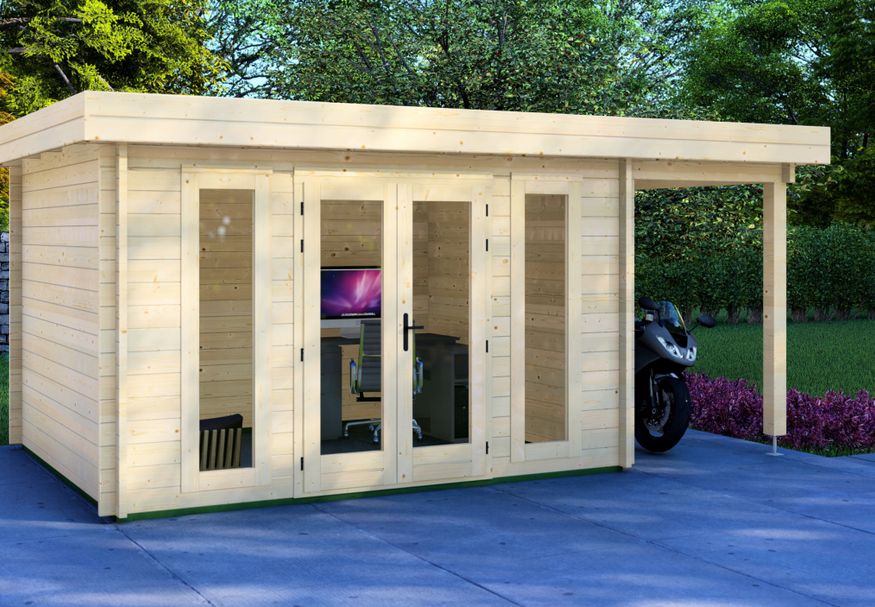 Graed Blokhut Creative Plus met Luifel 510x300 cm - 44 mm Foto van Graed Blokhut Creative Plus met Luifel 510x300 cm - 44 mm