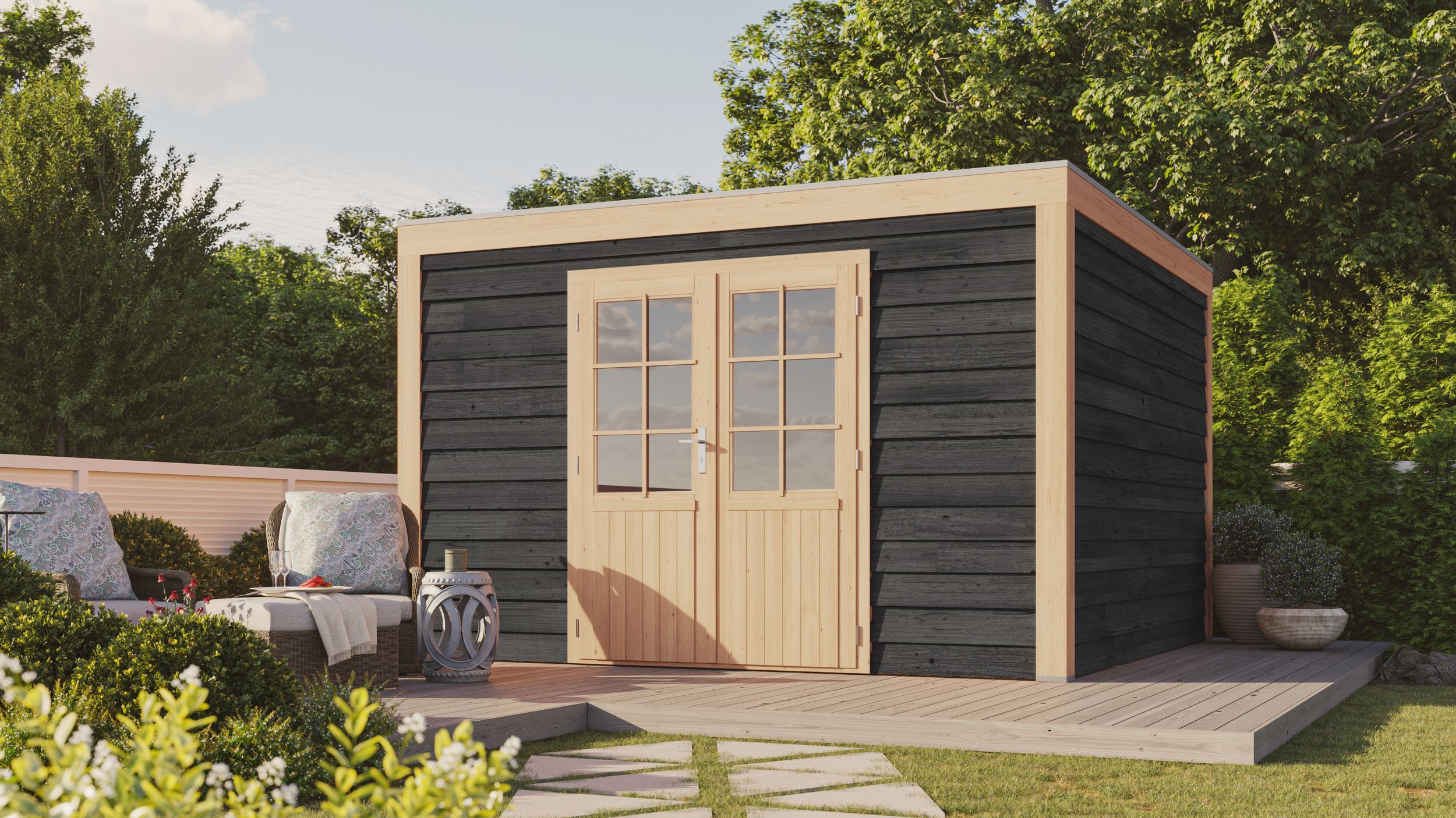 Foto der WoodAcademy hölzernes Gartenhaus Emerald Essential Nero