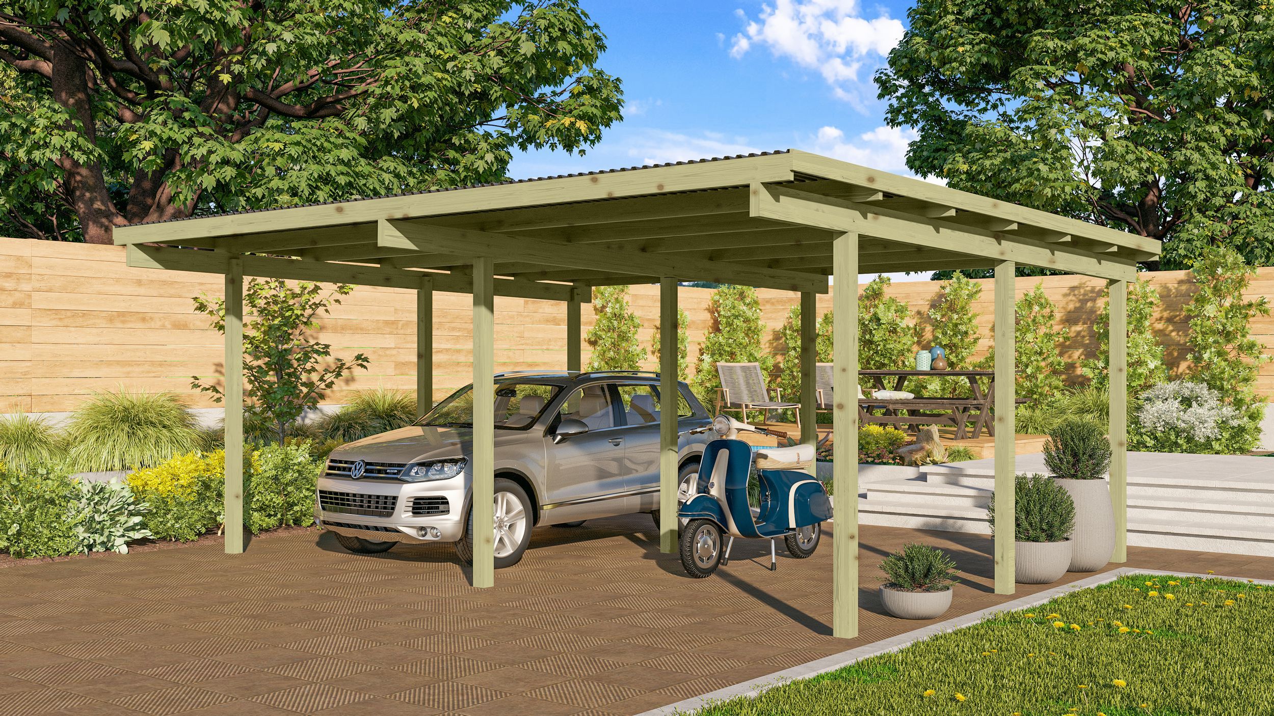 Foto van Karibu 62041 Eco Dubbele Houten Carport 2 - Geïmpregneerd