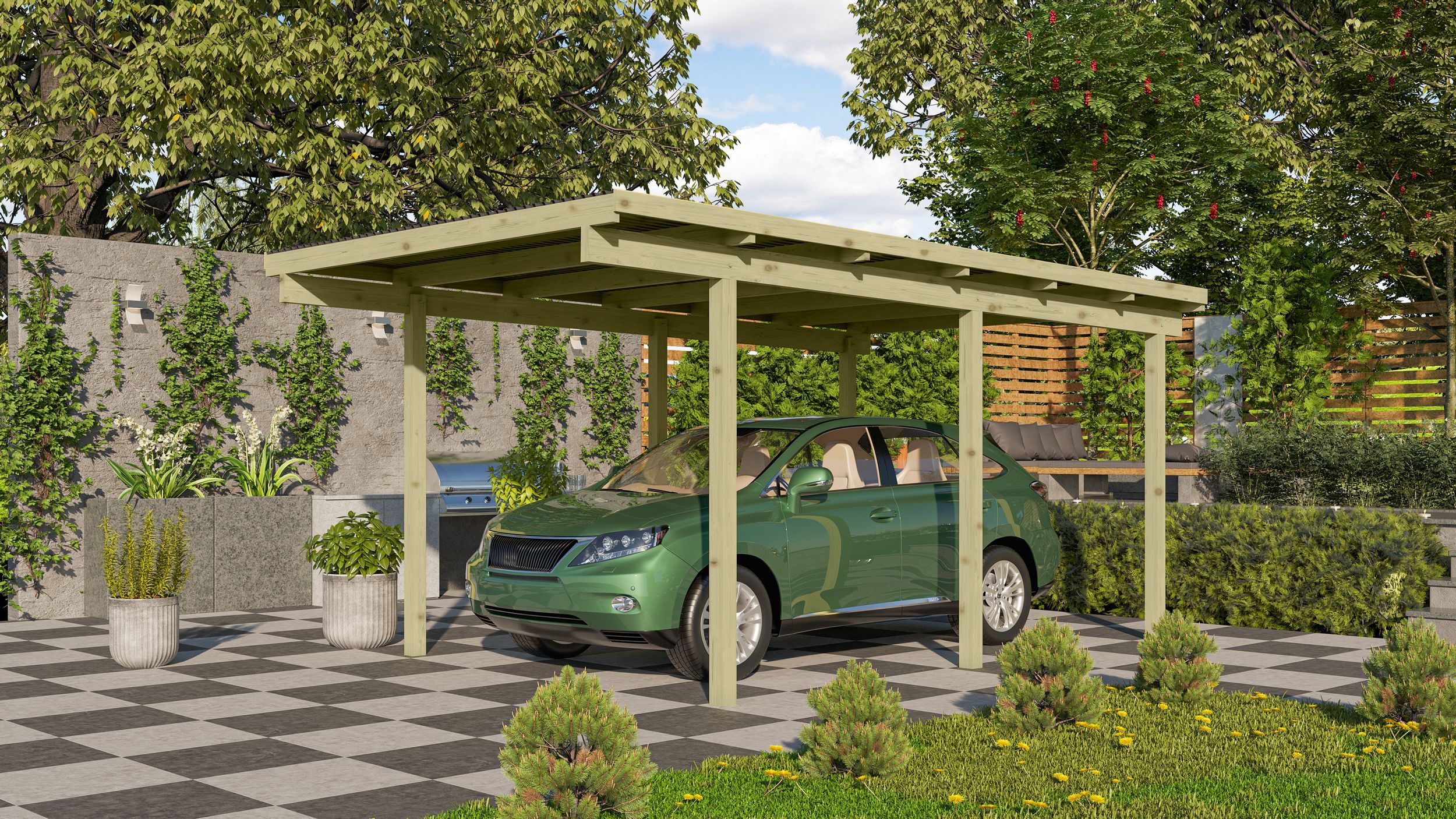 Foto van Karibu 62029 Eco Dubbele Houten Carport 2 - Geïmpregneerd