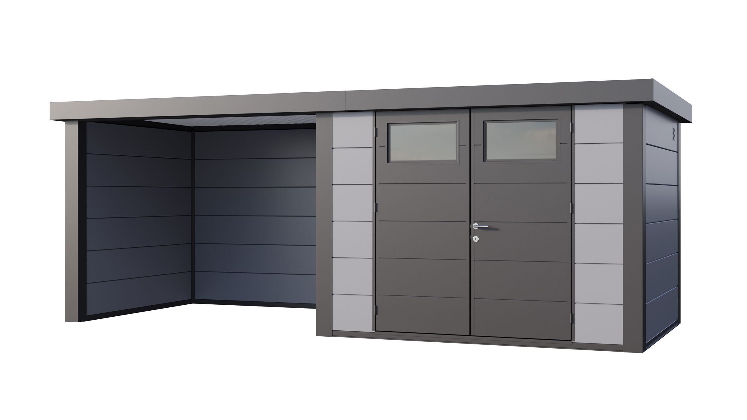 Foto van Telluria Eleganto 3024 metalen tuinhuis met overkapping links