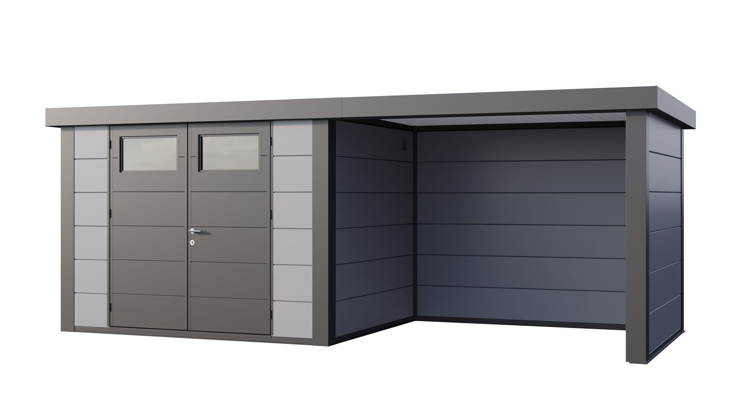 Foto van Telluria Classico 3024 metalen tuinhuis met overkapping rechts