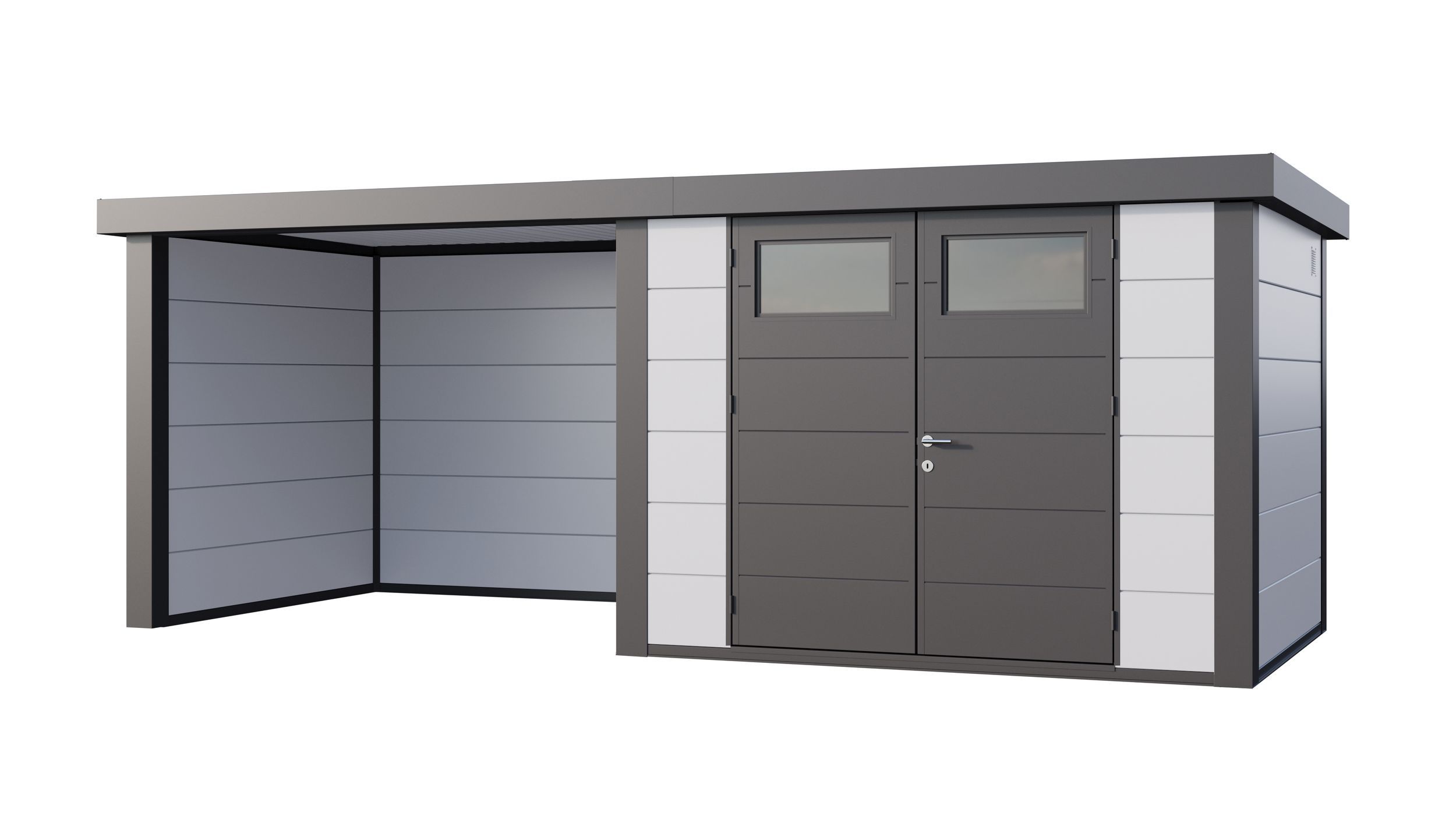 Foto van Telluria Classico 3024 metalen tuinhuis met overkapping links