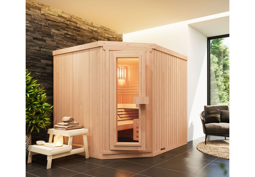 Azalp Elementhoeksauna Classic 203x152 cm, elzen Foto van Azalp Elementhoeksauna Classic 203x152 cm, elzen