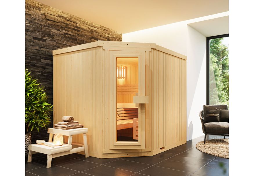 Foto van Azalp elementhoeksauna Classic 220x152 cm – vuren - 2de kans