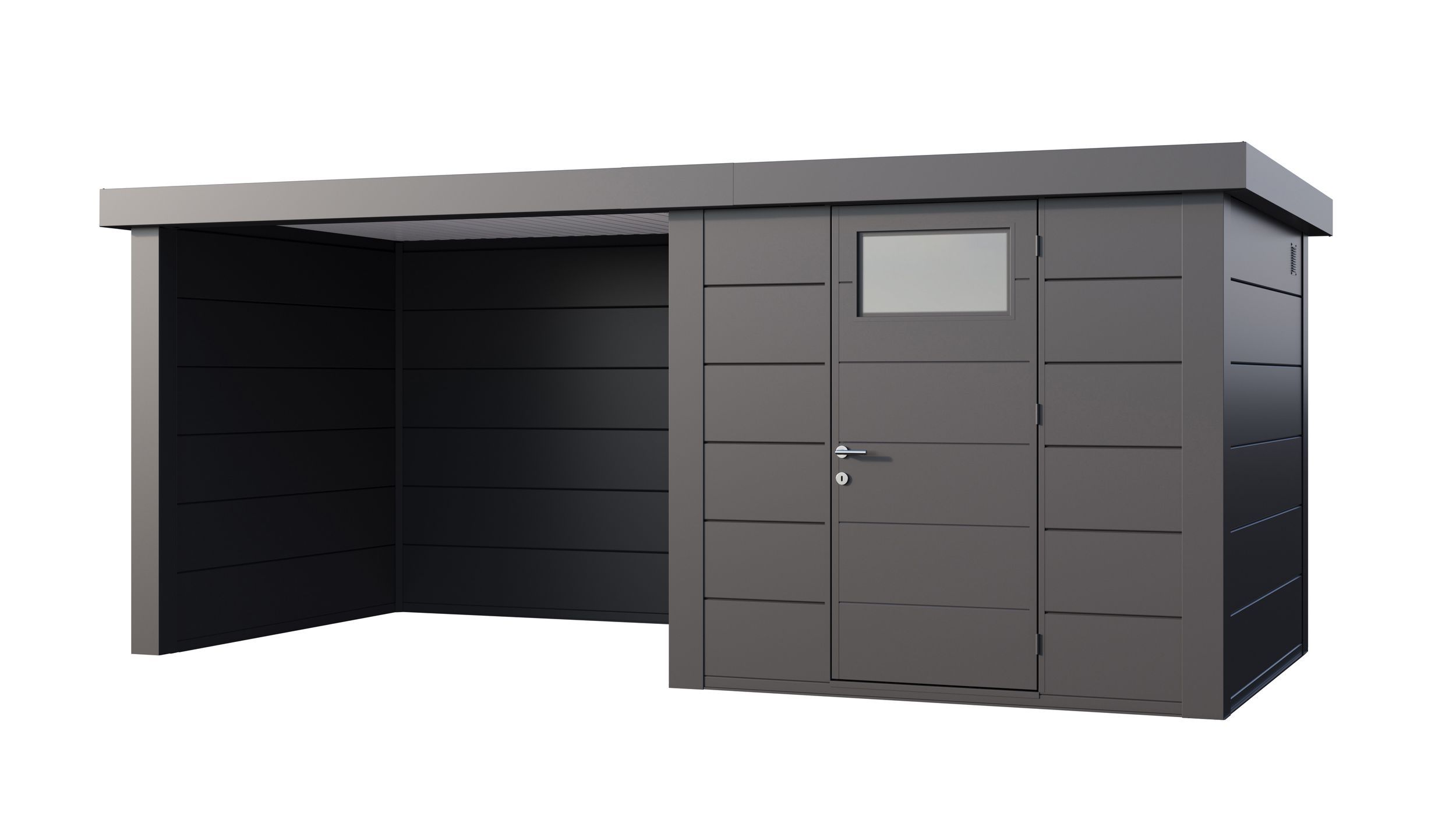 Foto van Telluria Classico 2424 metalen tuinhuis met overkapping links