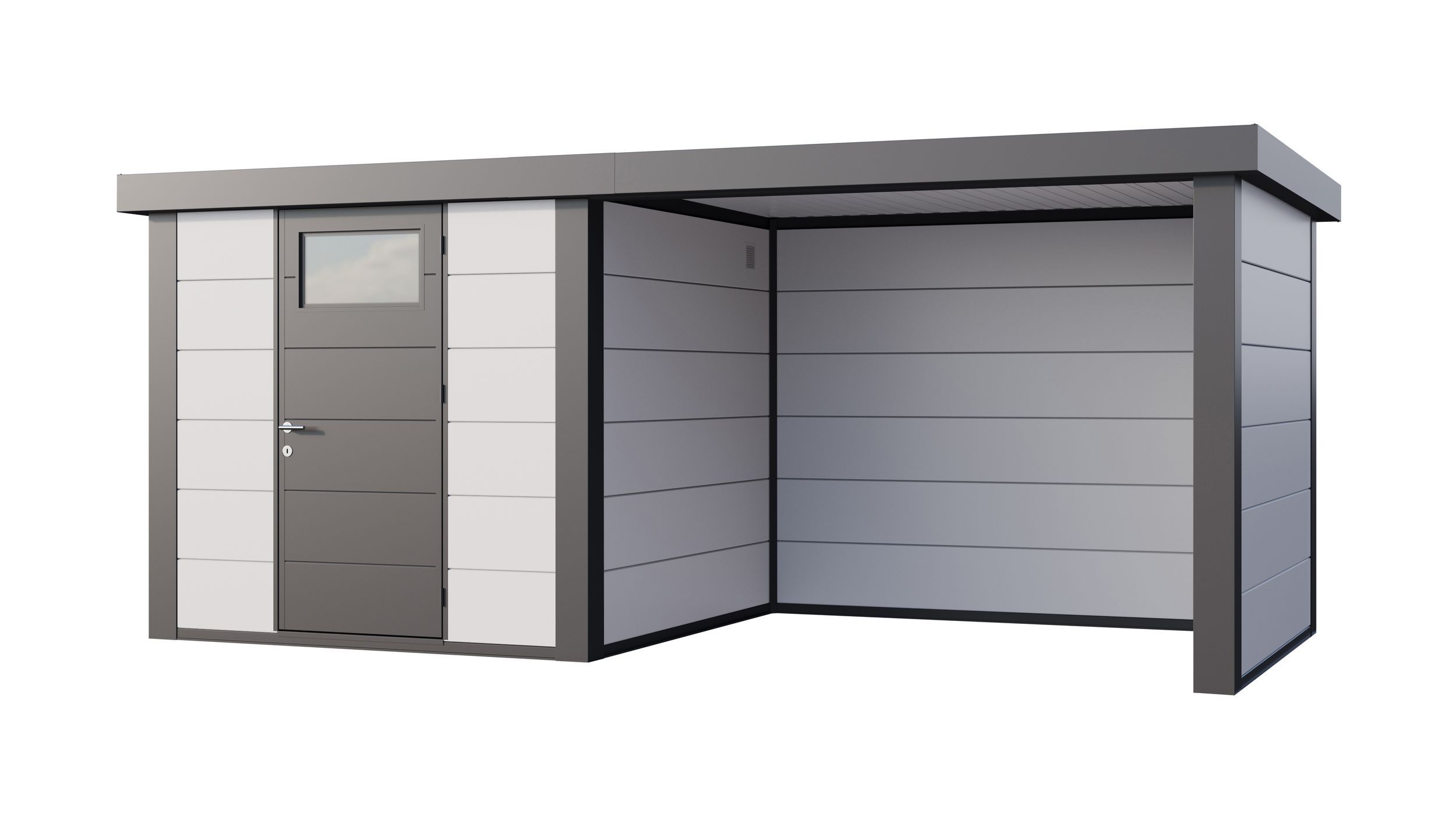 Foto van Telluria Classico 2424 metalen tuinhuis met overkapping rechts