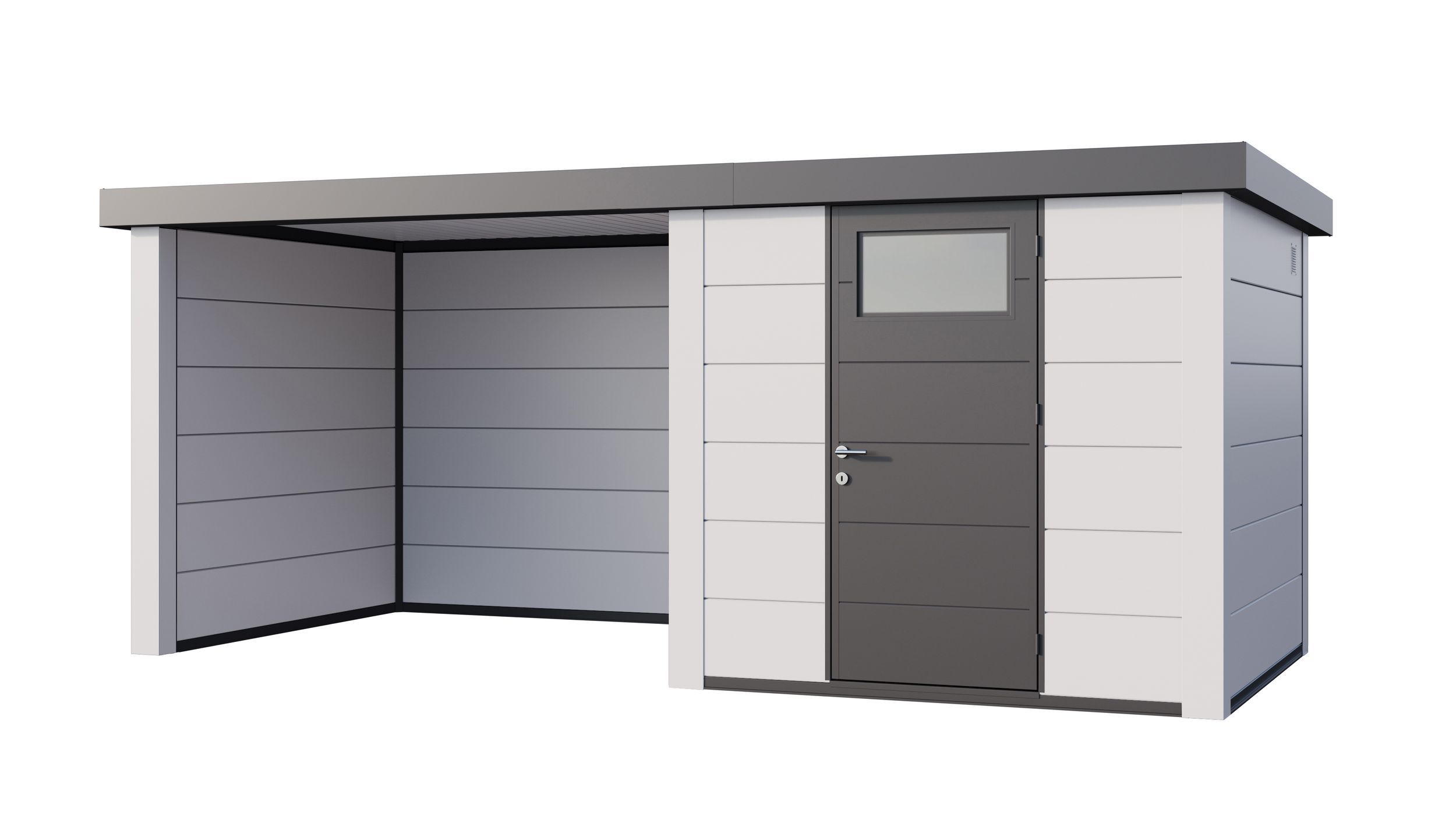 Foto van Telluria Classico 2424 metalen tuinhuis met overkapping links