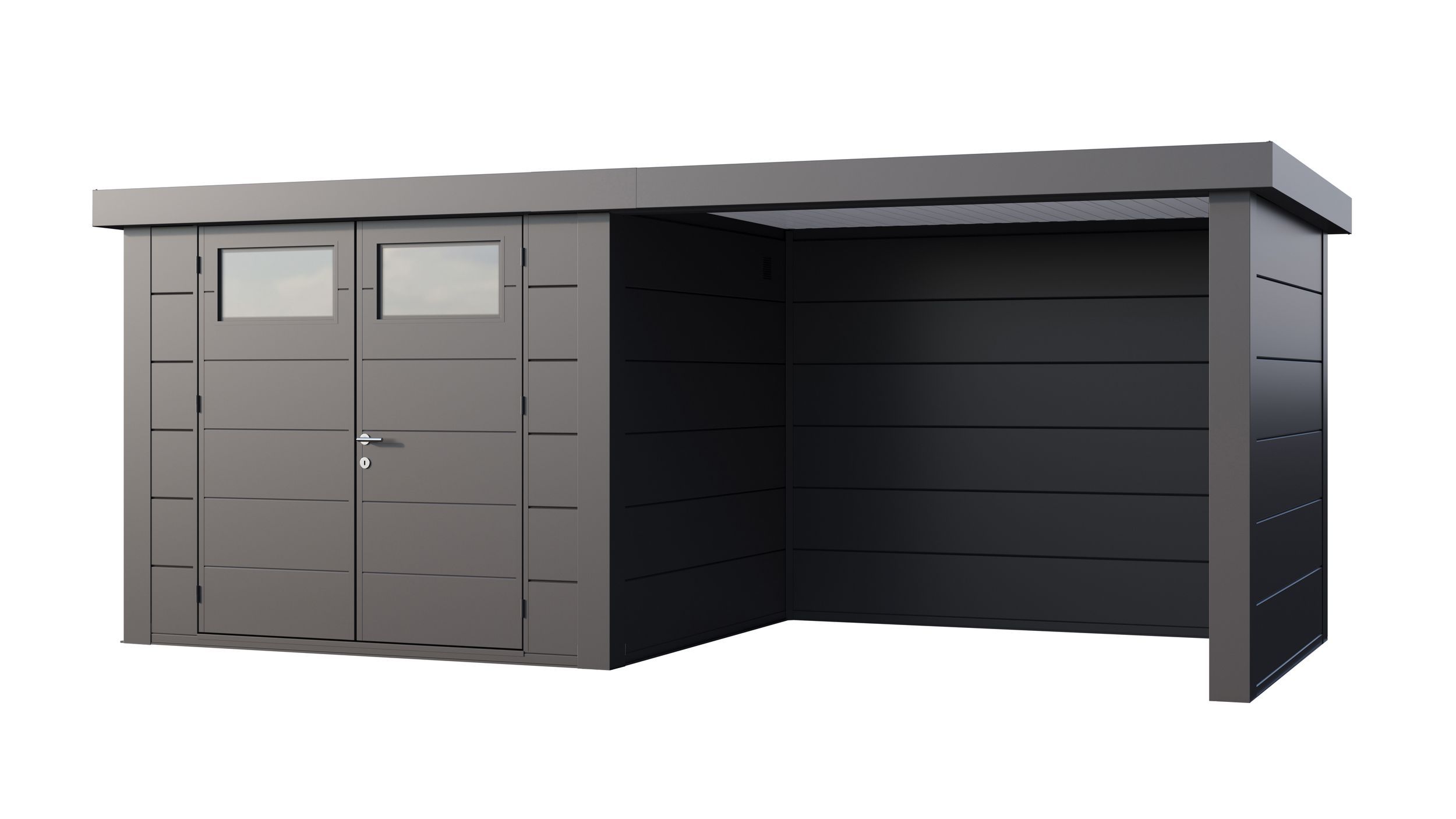 Foto van Telluria Classico 2724 metalen tuinhuis met overkapping rechts