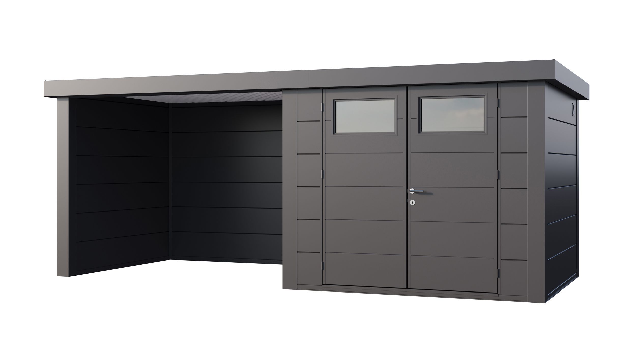 Foto van Telluria Classico 2724 metalen tuinhuis met overkapping links