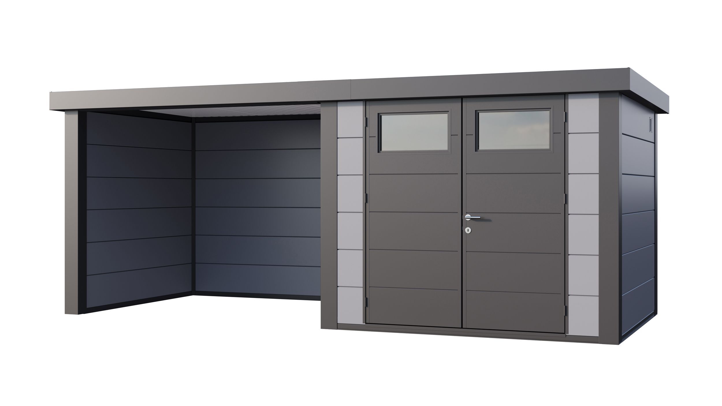 Foto van Telluria Classico 2724 metalen tuinhuis met overkapping links