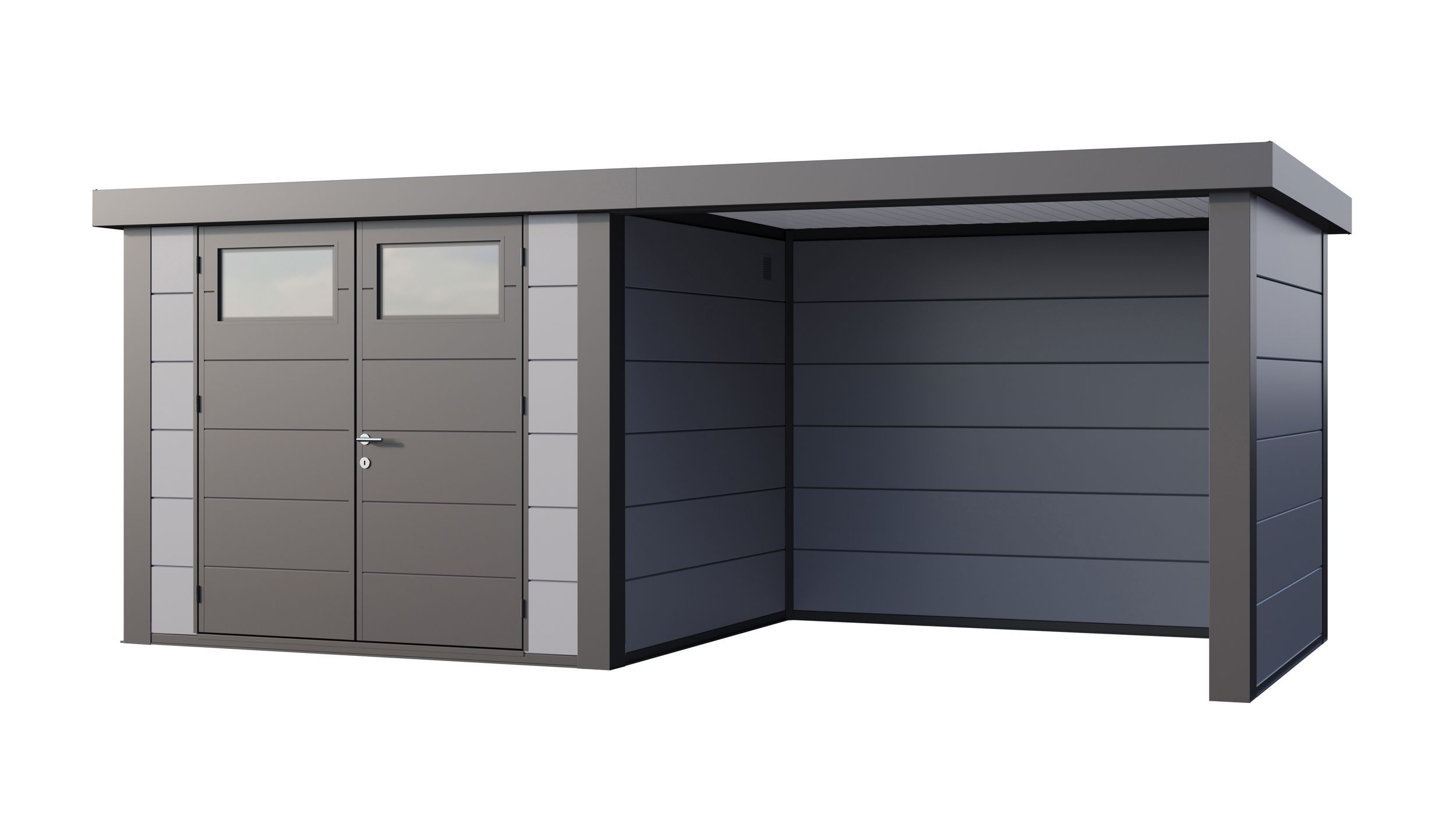 Foto van Telluria Classico 2724 metalen tuinhuis met overkapping rechts