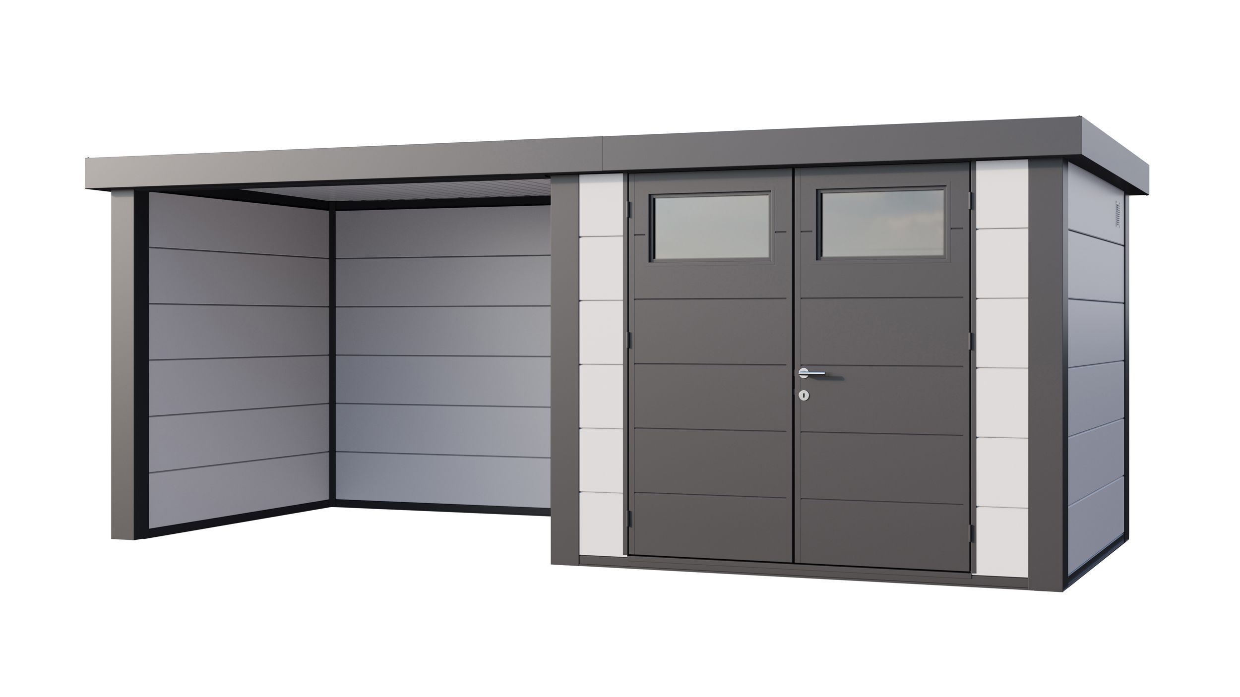 Foto van Telluria Classico 2724 metalen tuinhuis met overkapping links