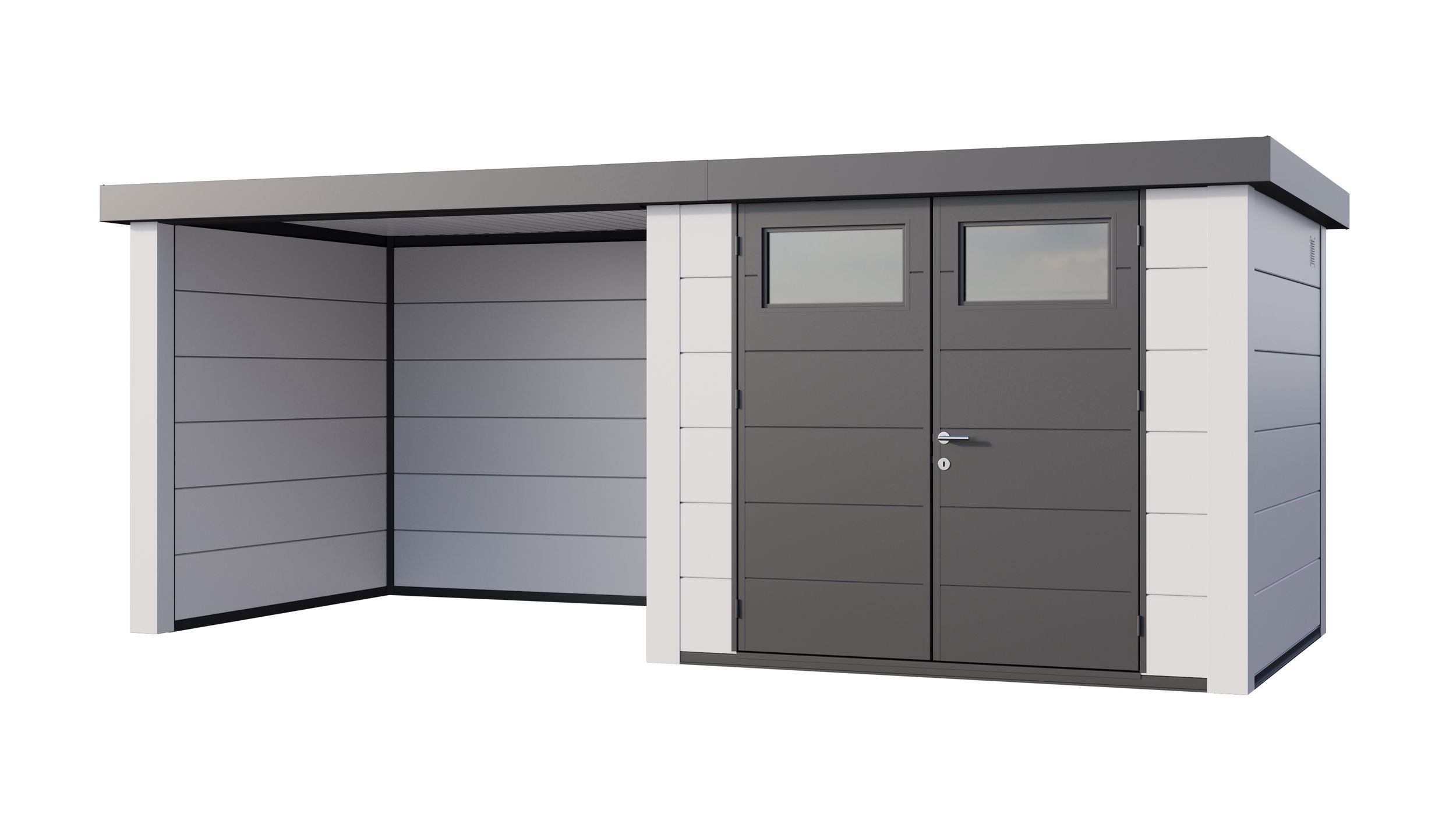 Foto van Telluria Classico 2724 metalen tuinhuis met overkapping links