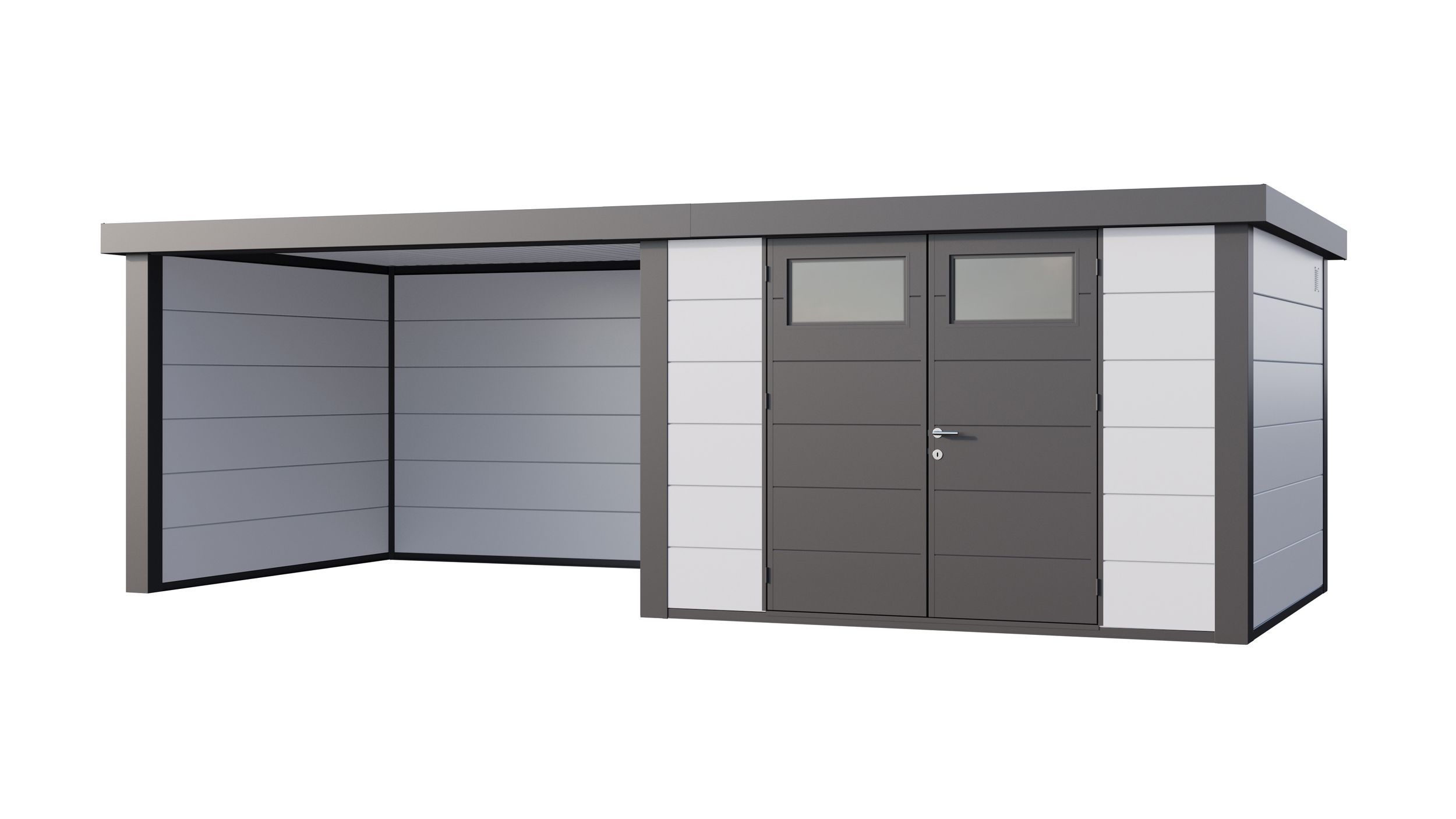 Foto van Telluria Classico 3030 metalen tuinhuis met overkapping links