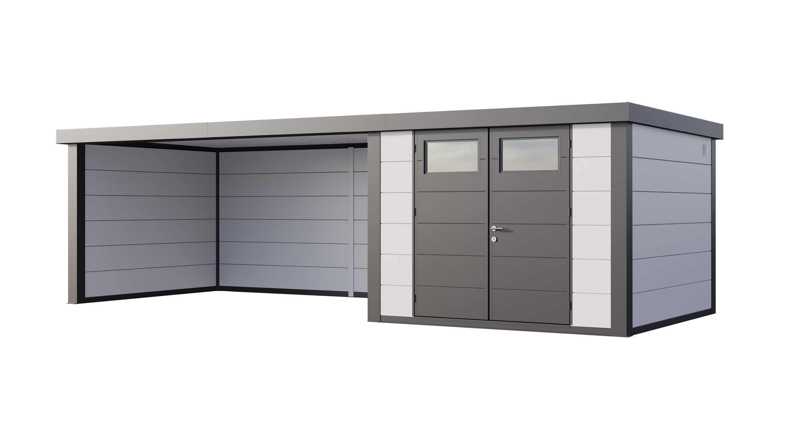 Foto van Telluria Classico 3030 metalen tuinhuis met overkapping links