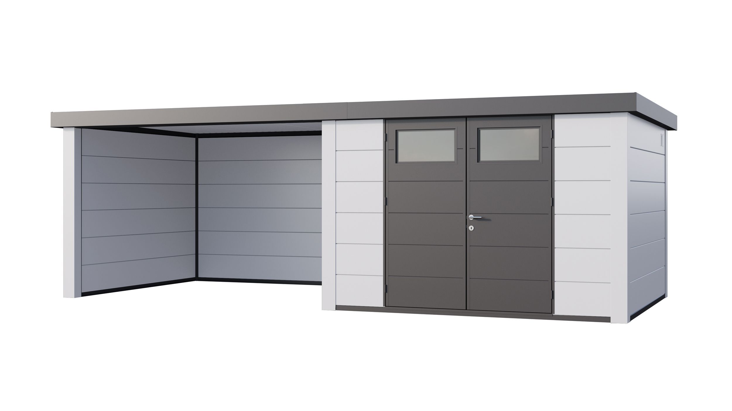 Foto van Telluria Classico 3030 metalen tuinhuis met overkapping links