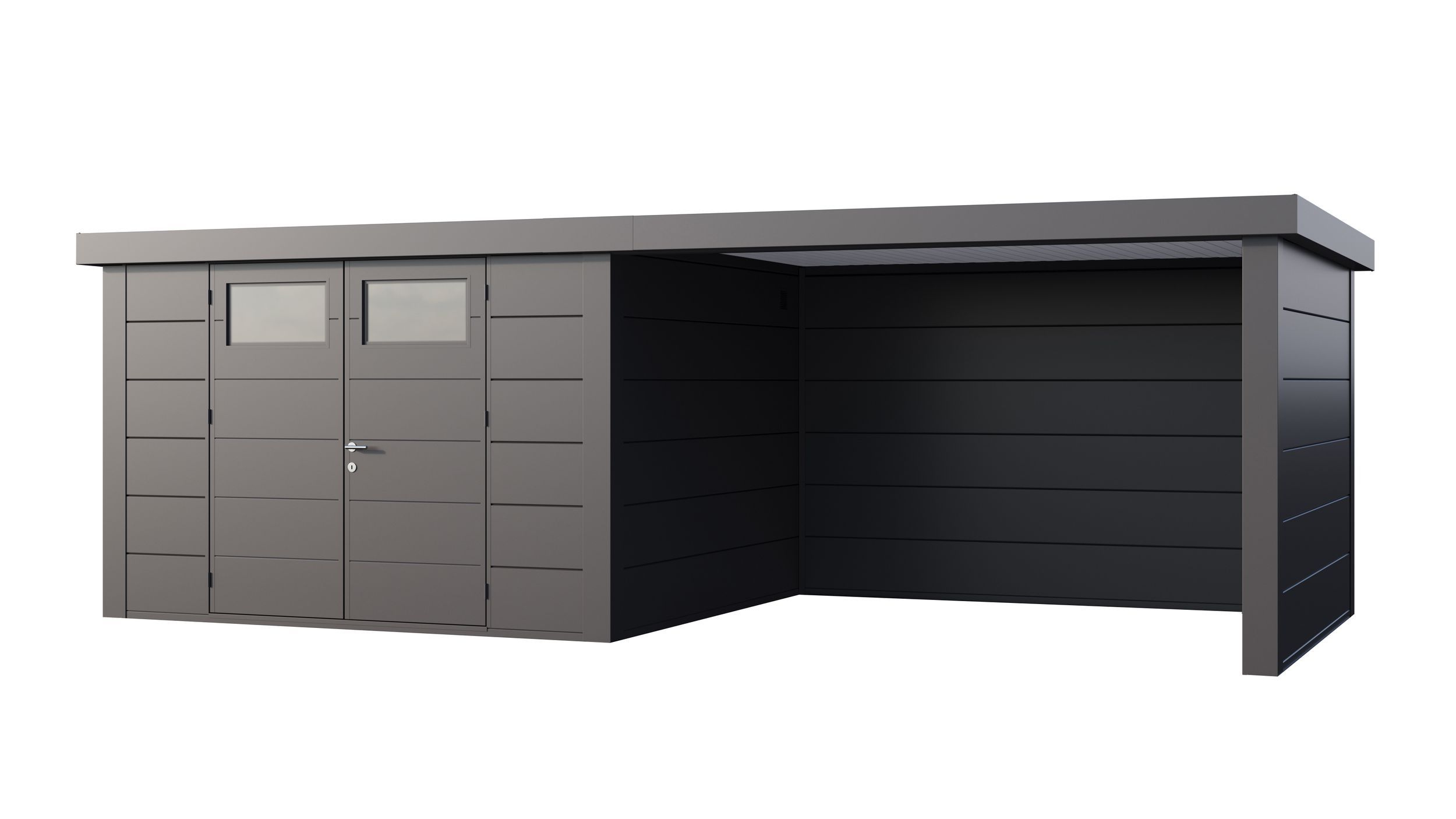 Foto van Telluria Classico 3330 metalen tuinhuis met overkapping rechts