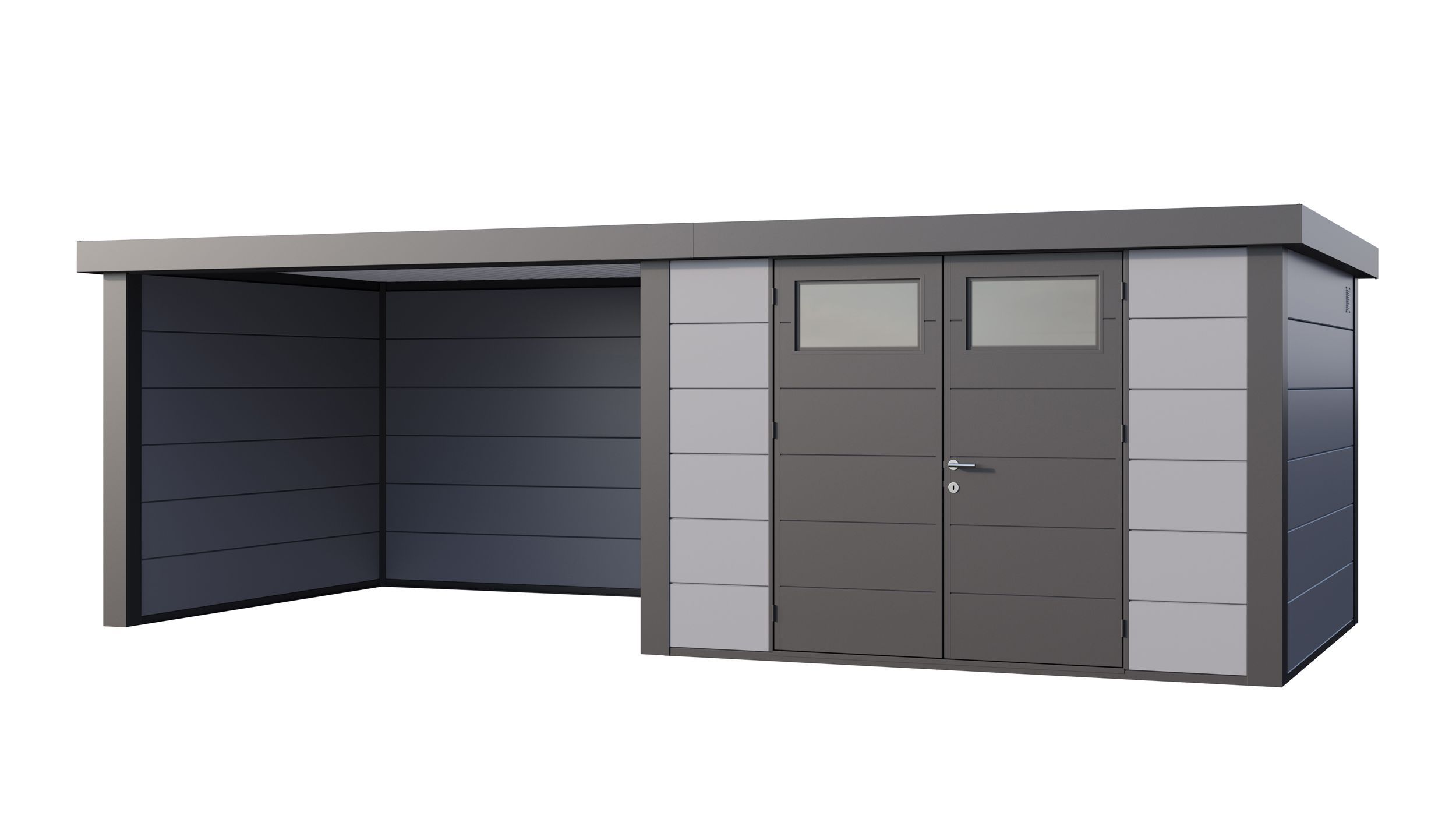 Foto van Telluria Classico 3330 metalen tuinhuis met overkapping links