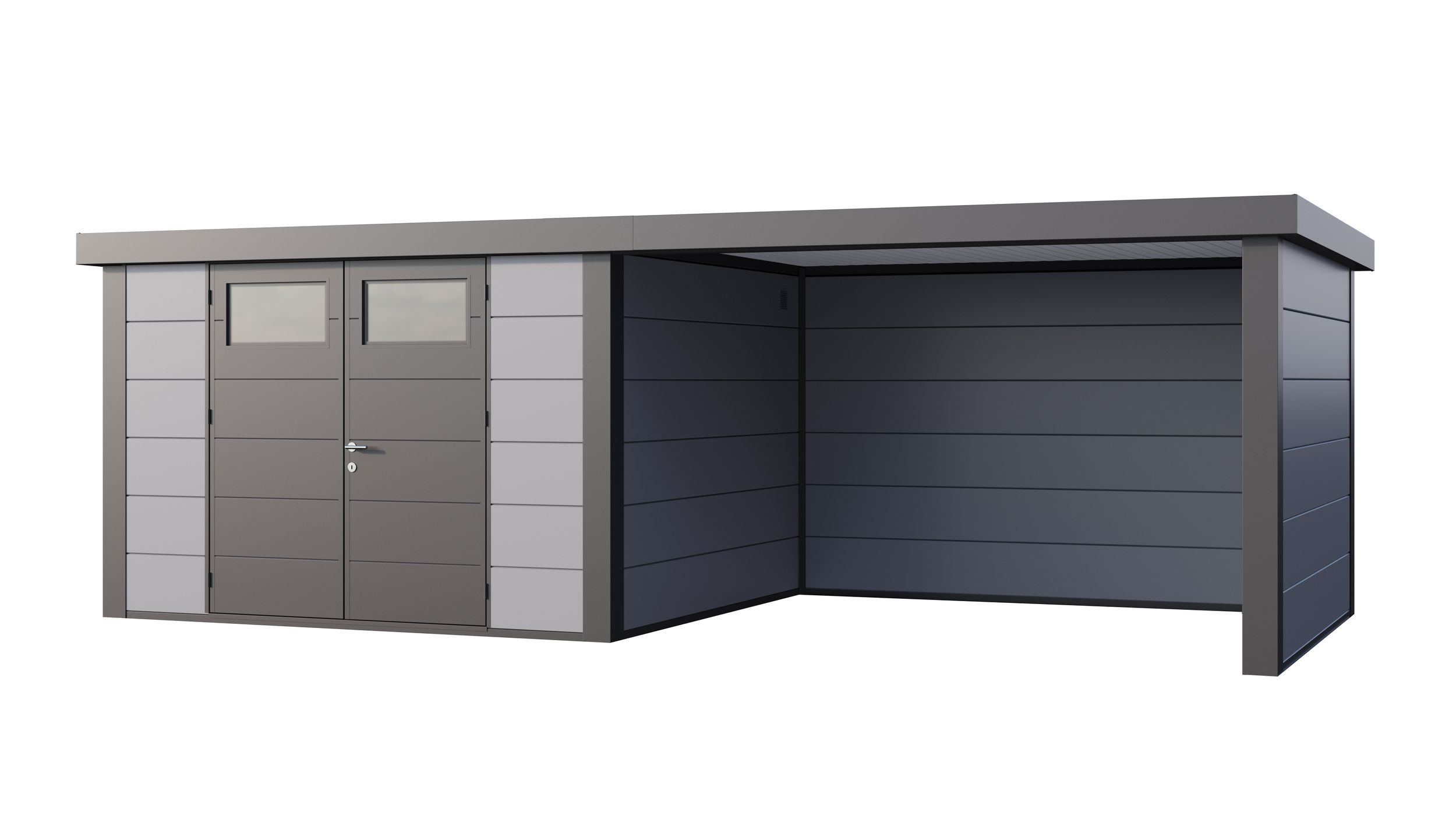 Foto van Telluria Classico 3330 metalen tuinhuis met overkapping rechts