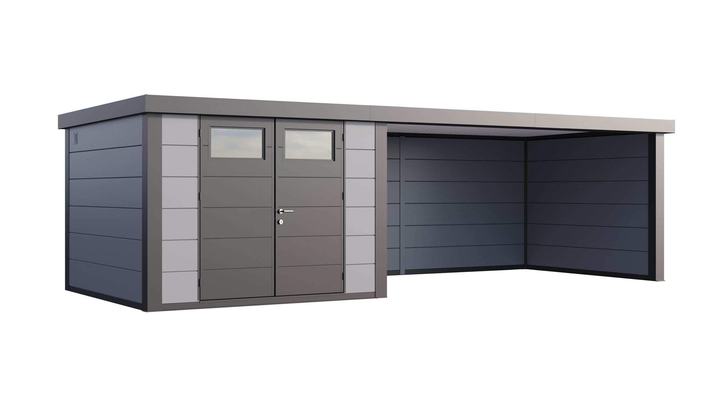 Foto van Telluria Classico 3330 metalen tuinhuis met overkapping rechts