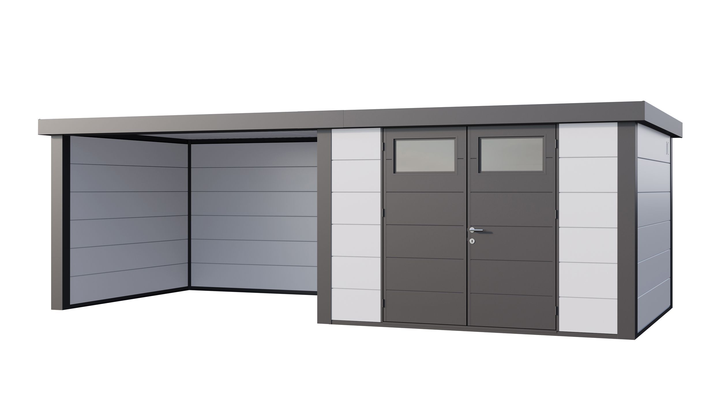 Foto van Telluria Classico 3330 metalen tuinhuis met overkapping links