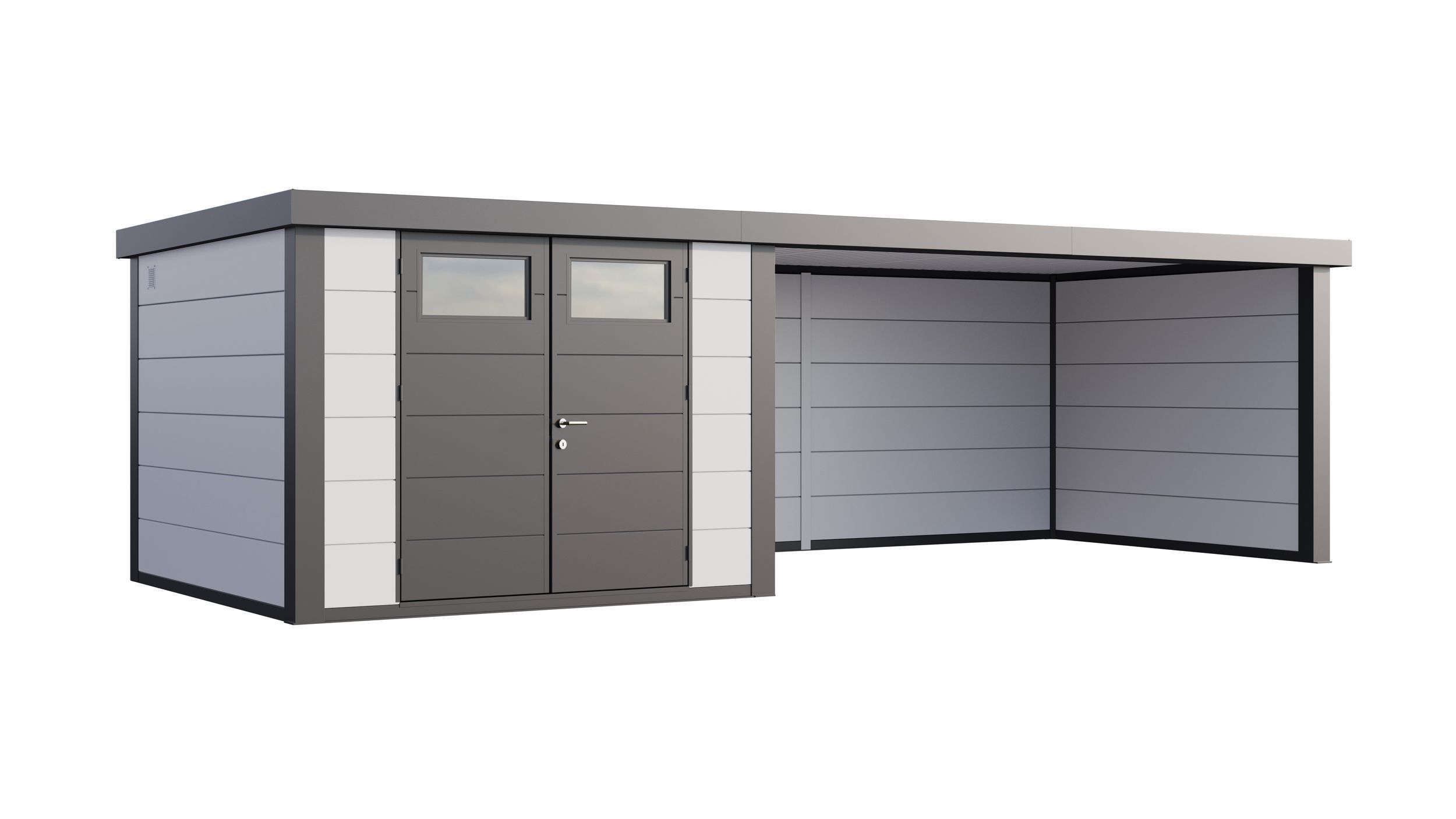 Foto van Telluria Classico 3330 metalen tuinhuis met overkapping rechts