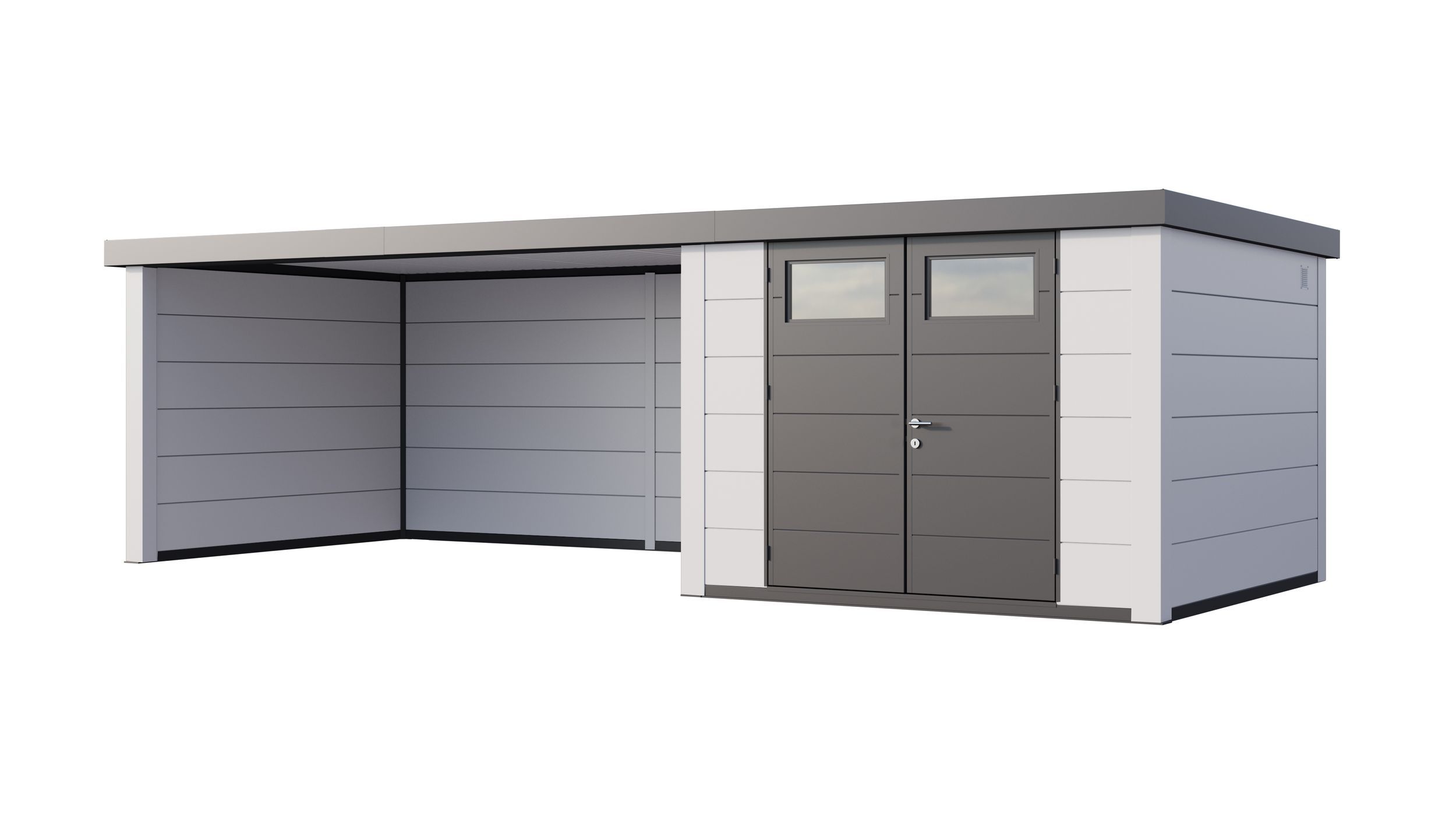 Foto van Telluria Classico 3330 metalen tuinhuis met overkapping links