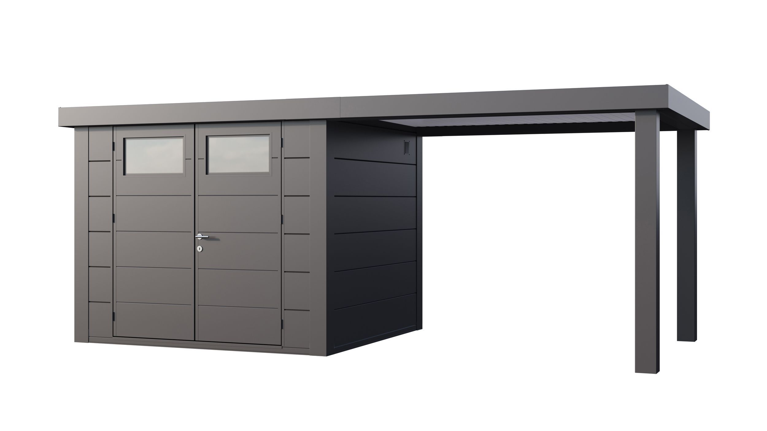 Foto van Telluria Classico 2724 metalen tuinhuis met overkapping rechts