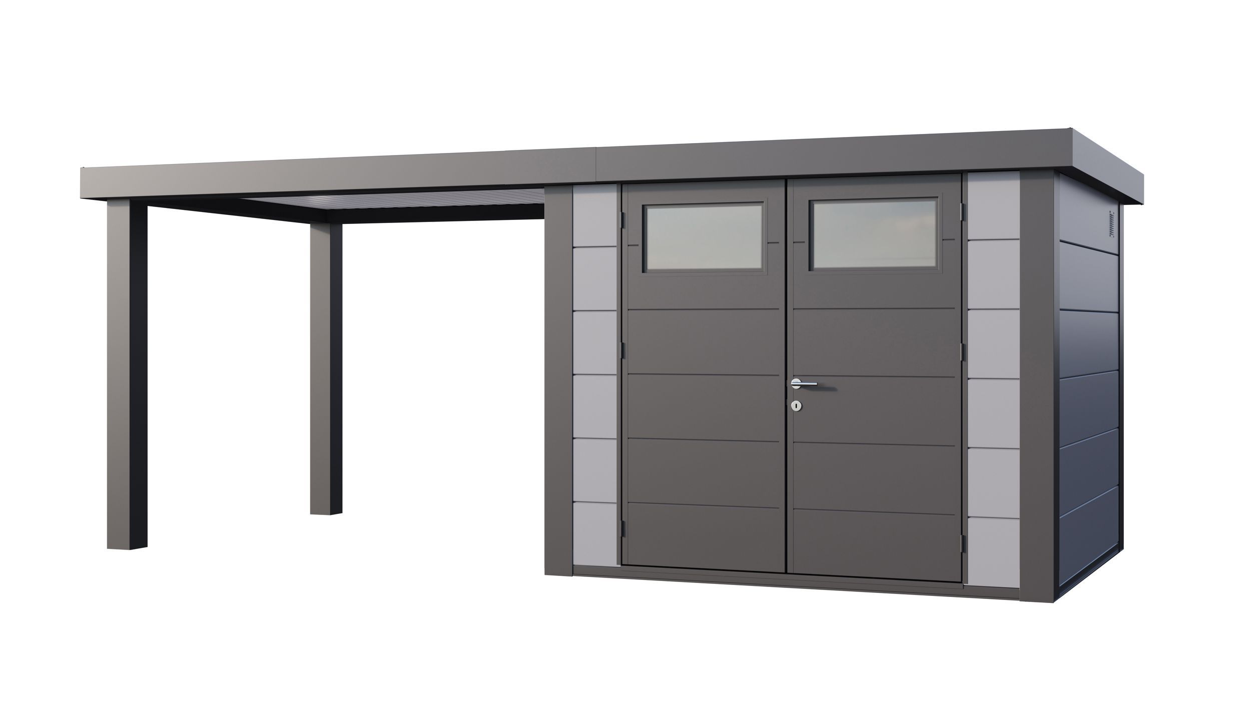 Foto van Telluria Classico 2724 metalen tuinhuis met overkapping links