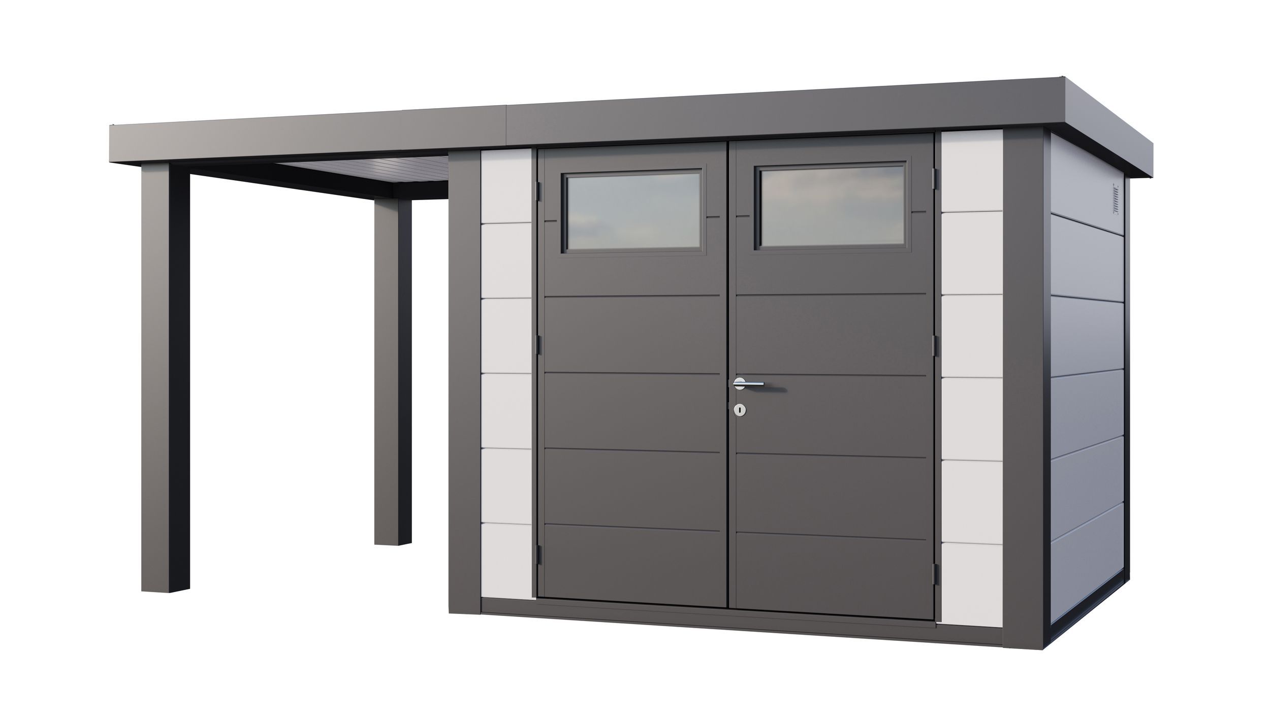 Foto van Telluria Classico 2724 metalen tuinhuis met overkapping links