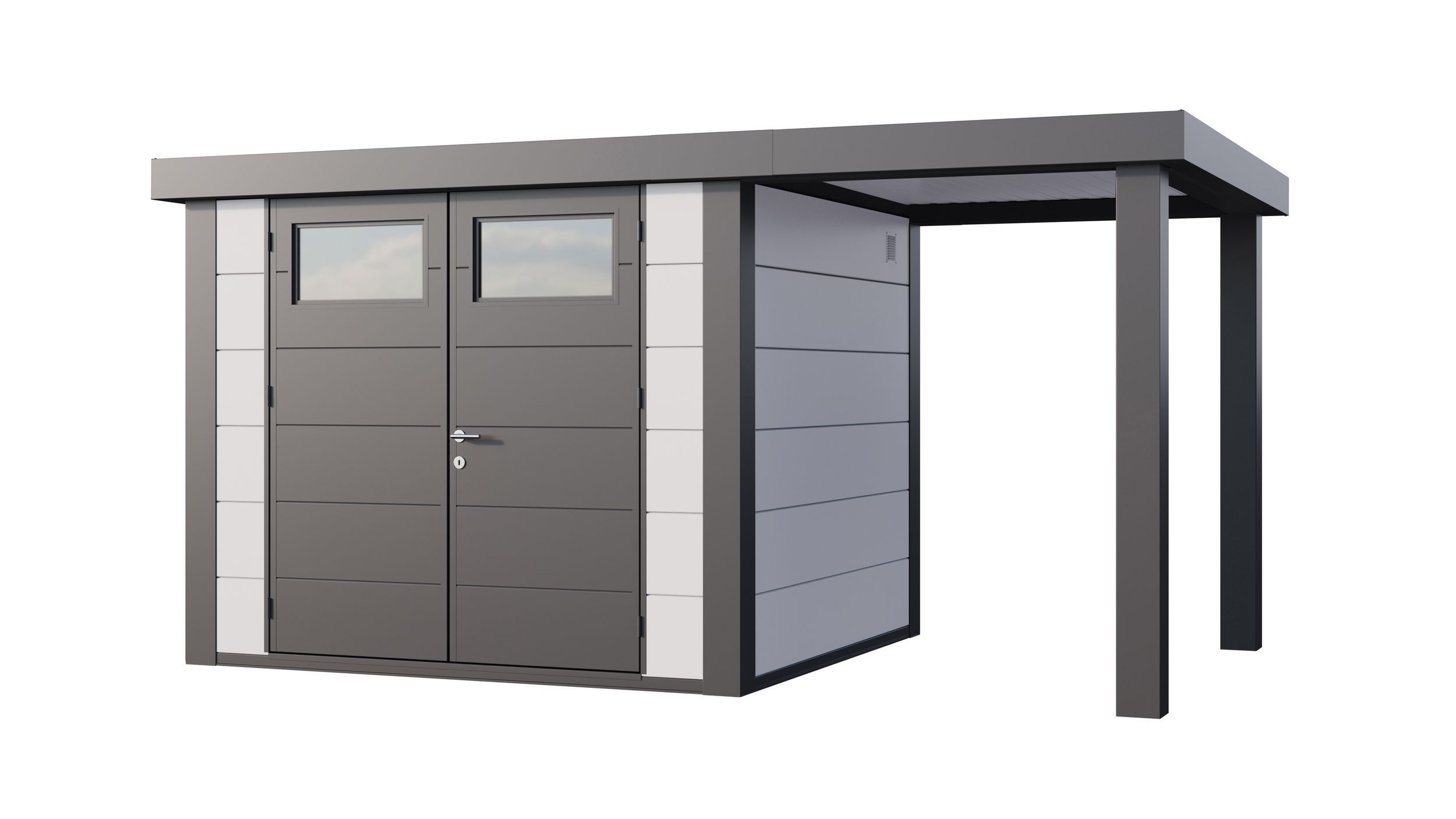 Foto van Telluria Classico 2724 metalen tuinhuis met overkapping rechts