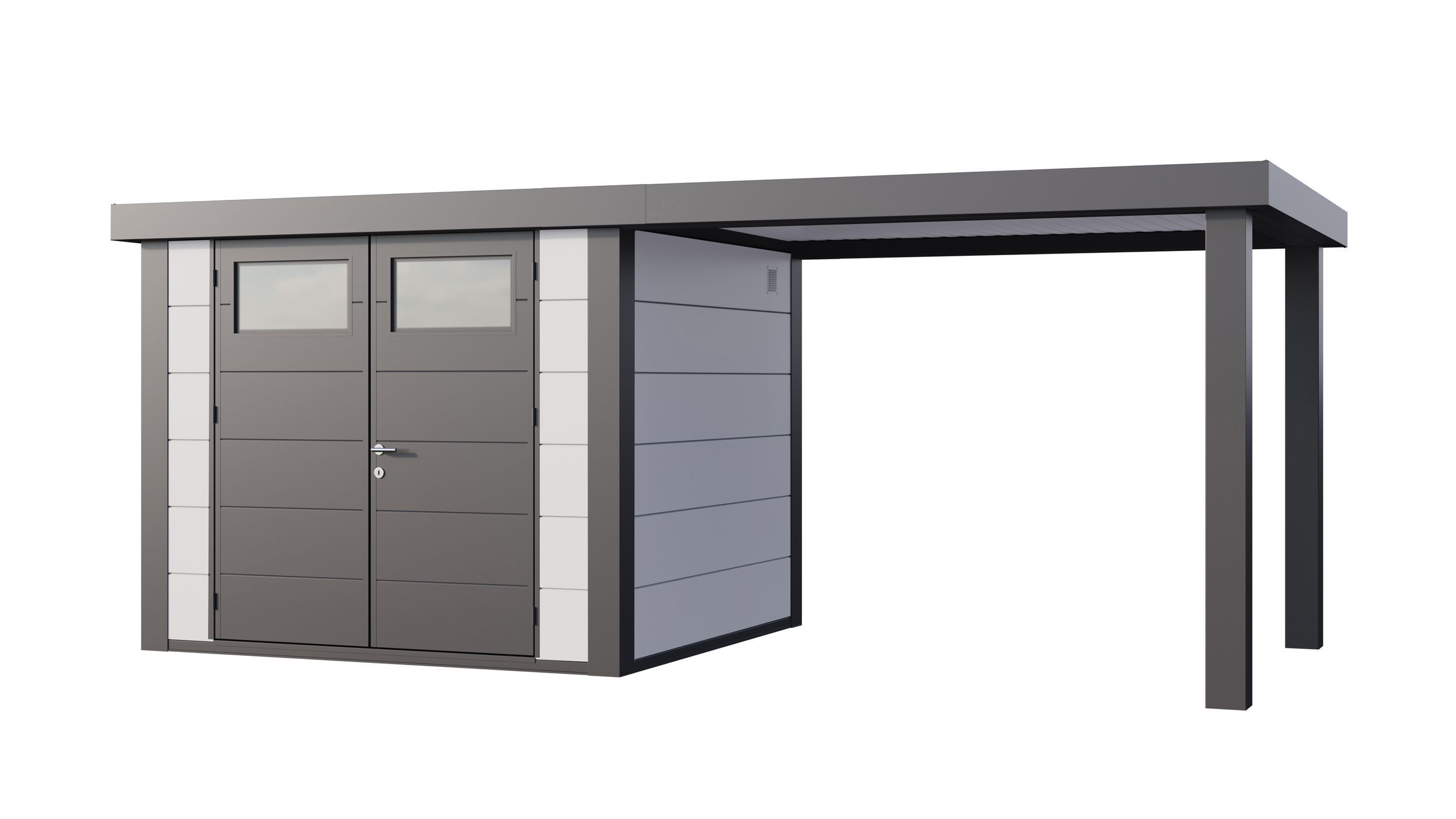 Foto van Telluria Classico 2724 metalen tuinhuis met overkapping rechts