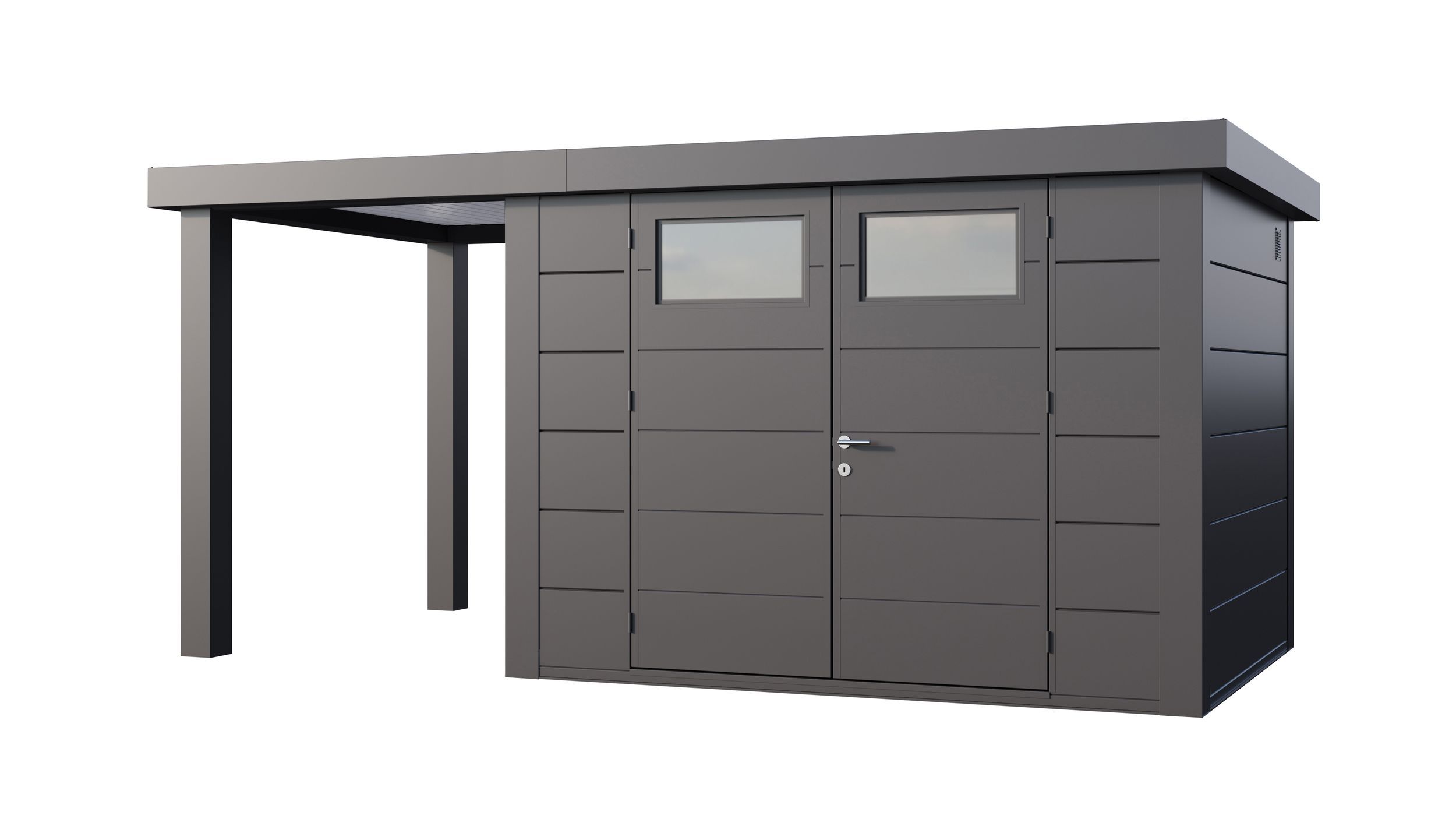 Foto van Telluria Classico 3024 metalen tuinhuis met overkapping links