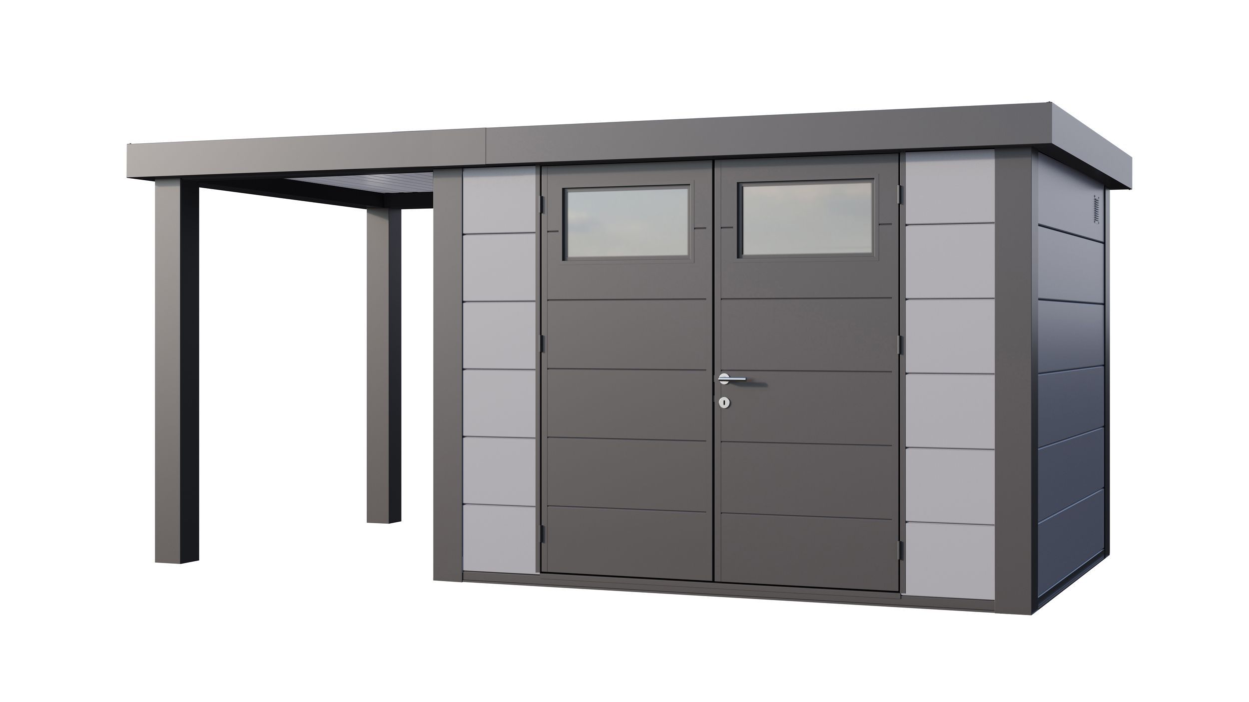 Foto van Telluria Eleganto 3024 metalen tuinhuis met overkapping links