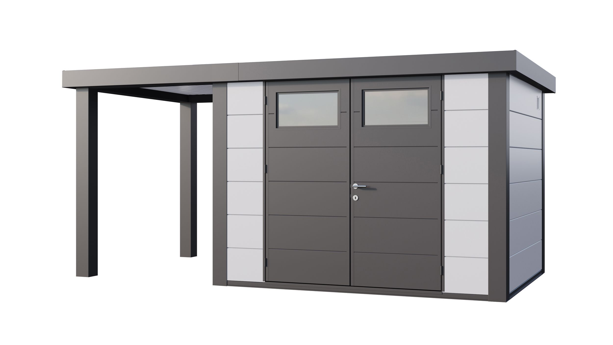 Foto van Telluria Classico 3024 metalen tuinhuis met overkapping links