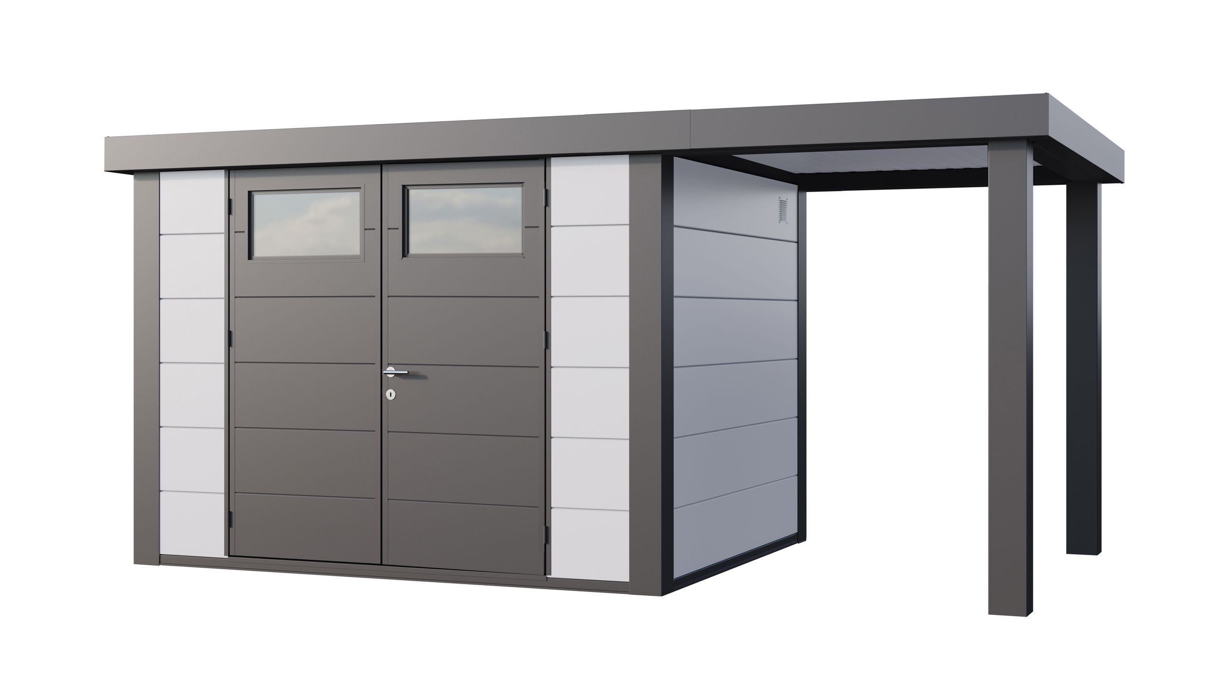 Foto van Telluria Classico 3024 metalen tuinhuis met overkapping rechts