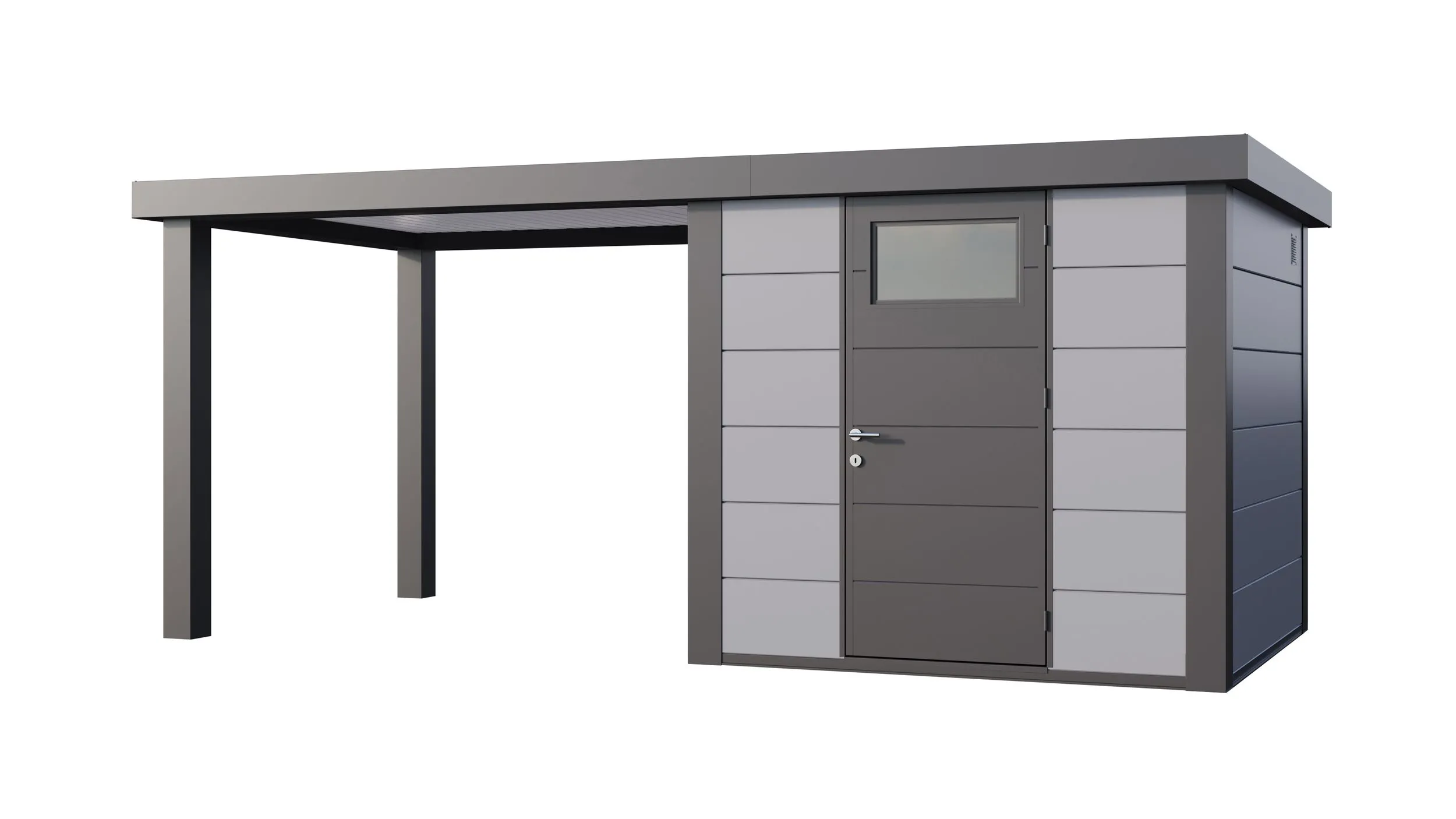 Foto van Telluria Classico 2424 metalen tuinhuis met overkapping links